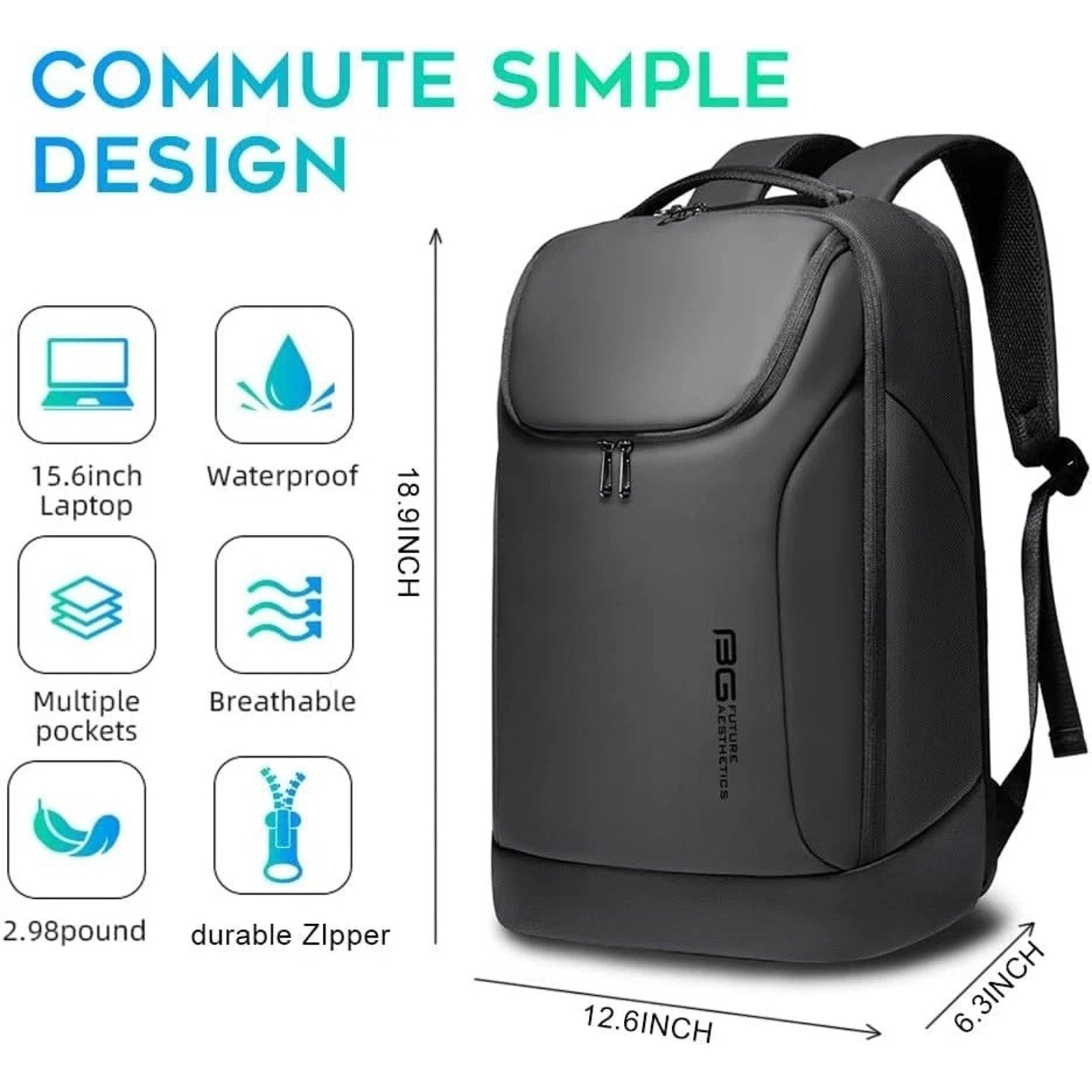 BANGE Business Commute Backpack Black fits 15.6” Laptop, Waterproof, Travel Pack