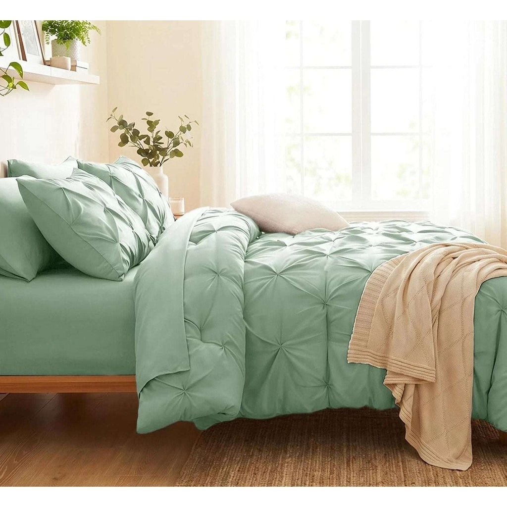 CozyLux 7-Piece King Size Pintuck Comforter & Sheet Set Sage Green Bed in a Bag