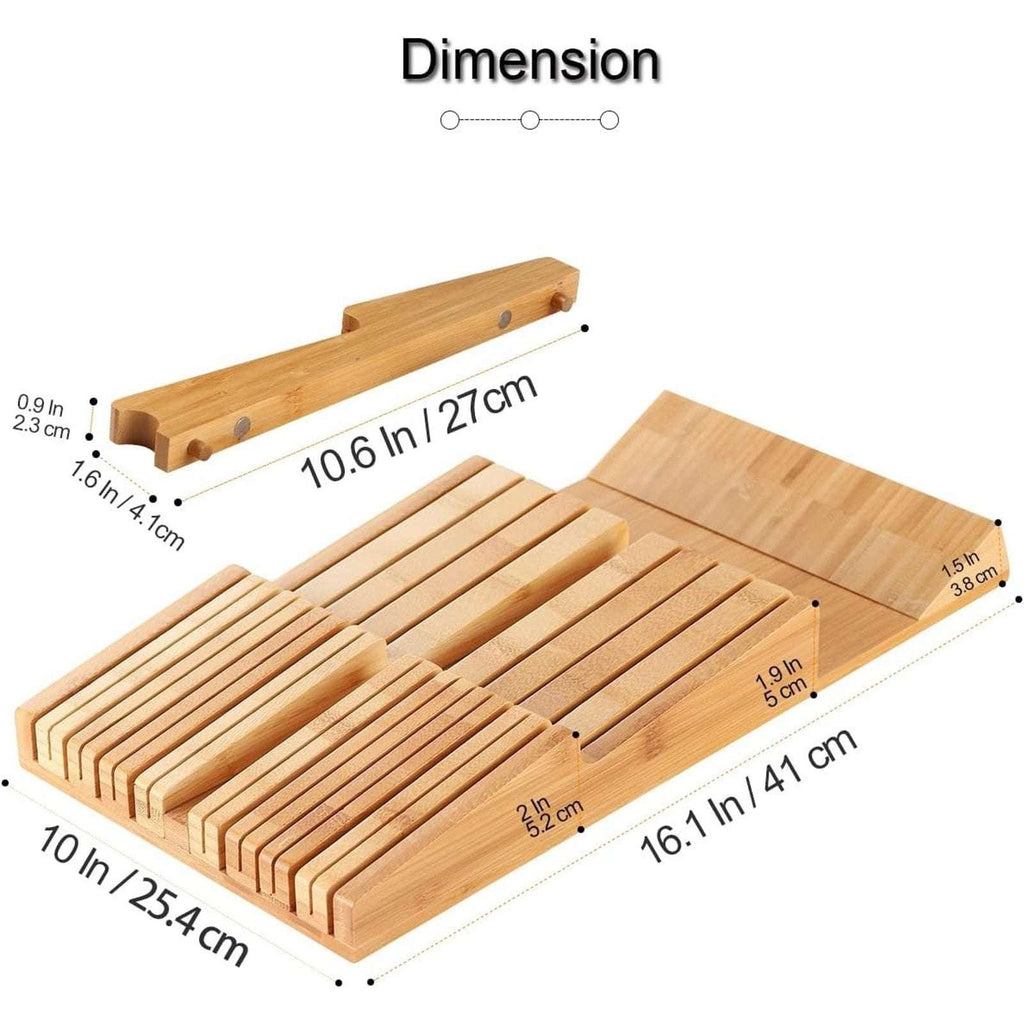 Bamboo In Drawer Knife Block for 16 Knives Large Tray Cutlery Organizer Washable