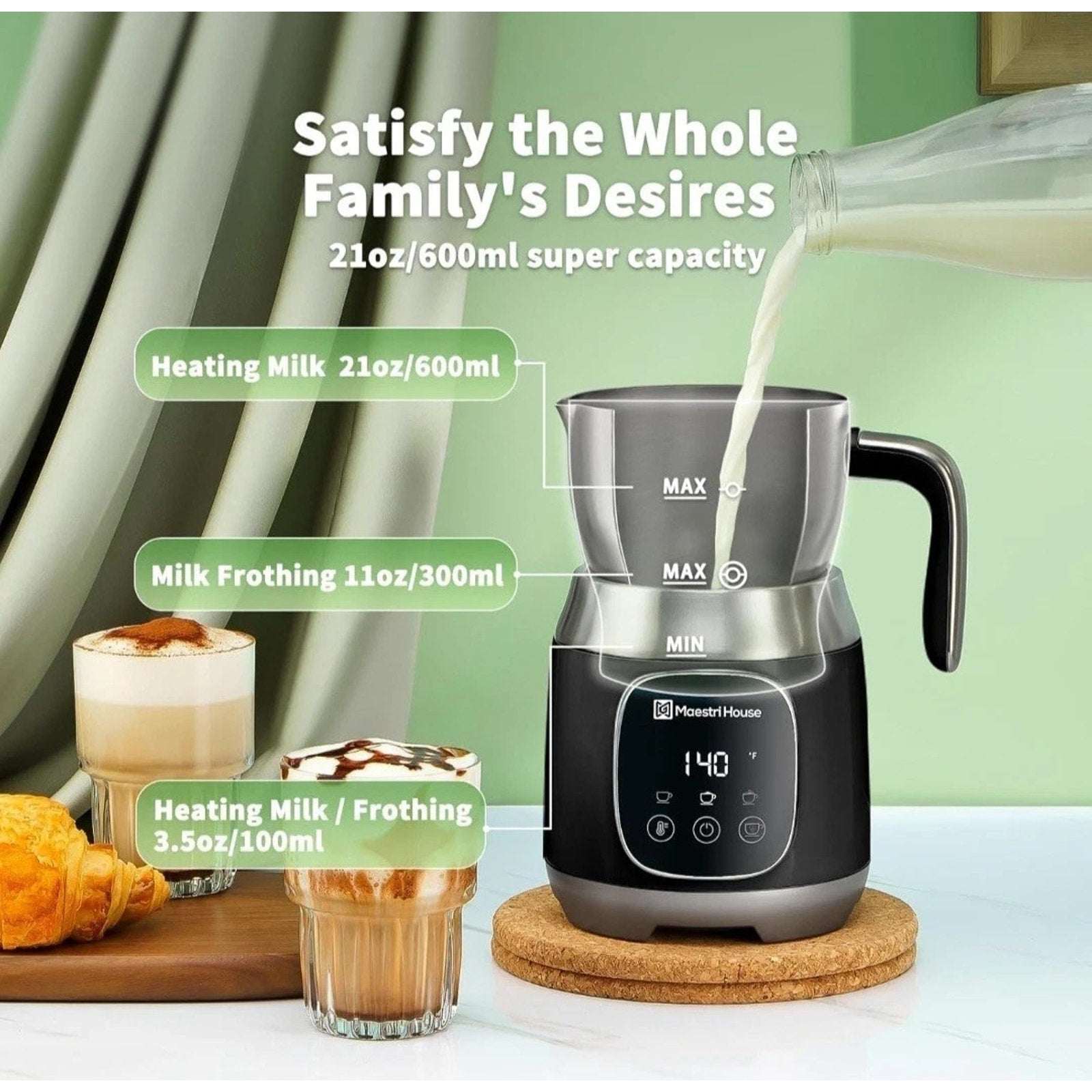 Maestri House DualFro 600 Milk Steamer Frother w Variable Temp & Froth Thickness