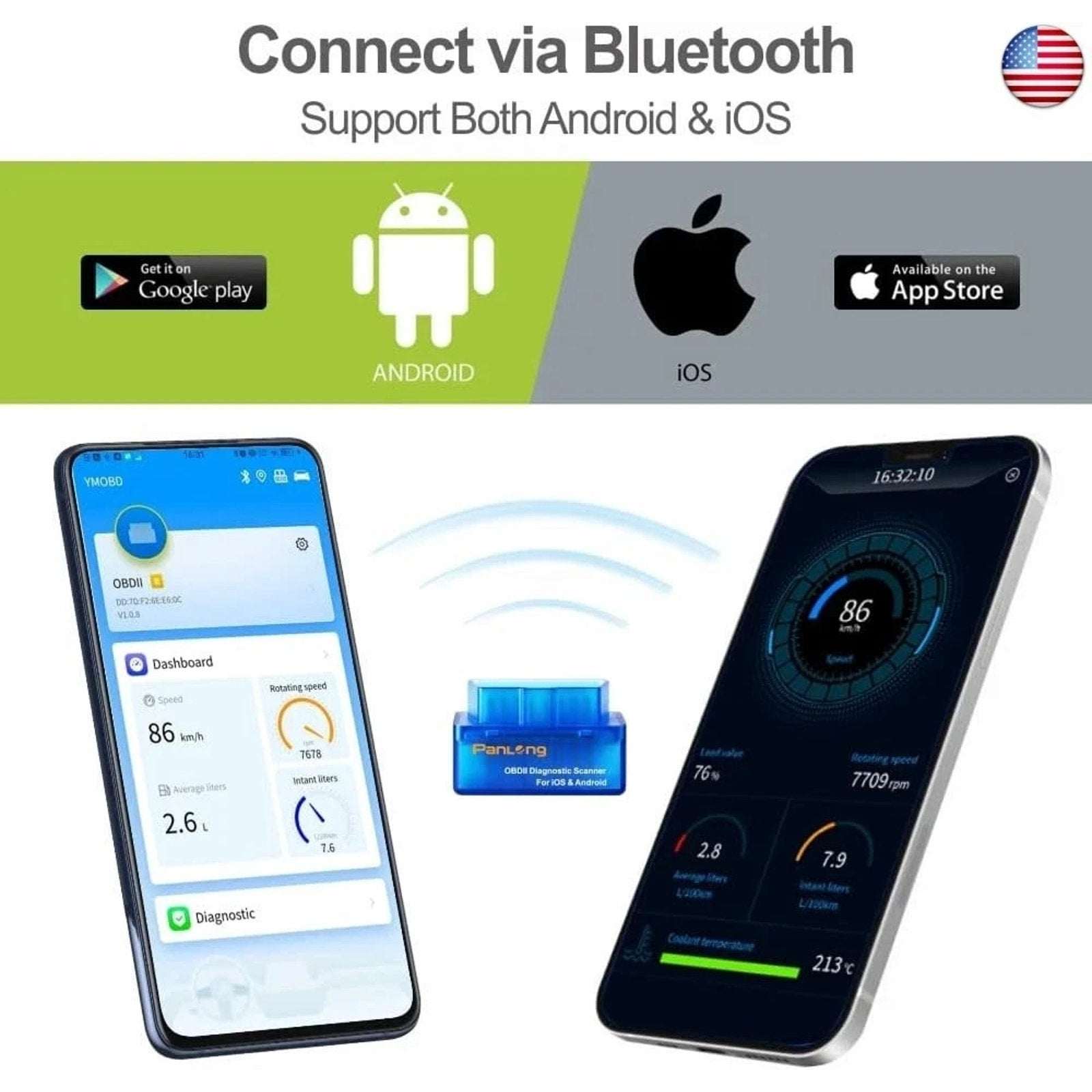 Panlong OBD2 Scanner Bluetooth iPhone iOS Android WindowsOBDII Car Diagnostic
