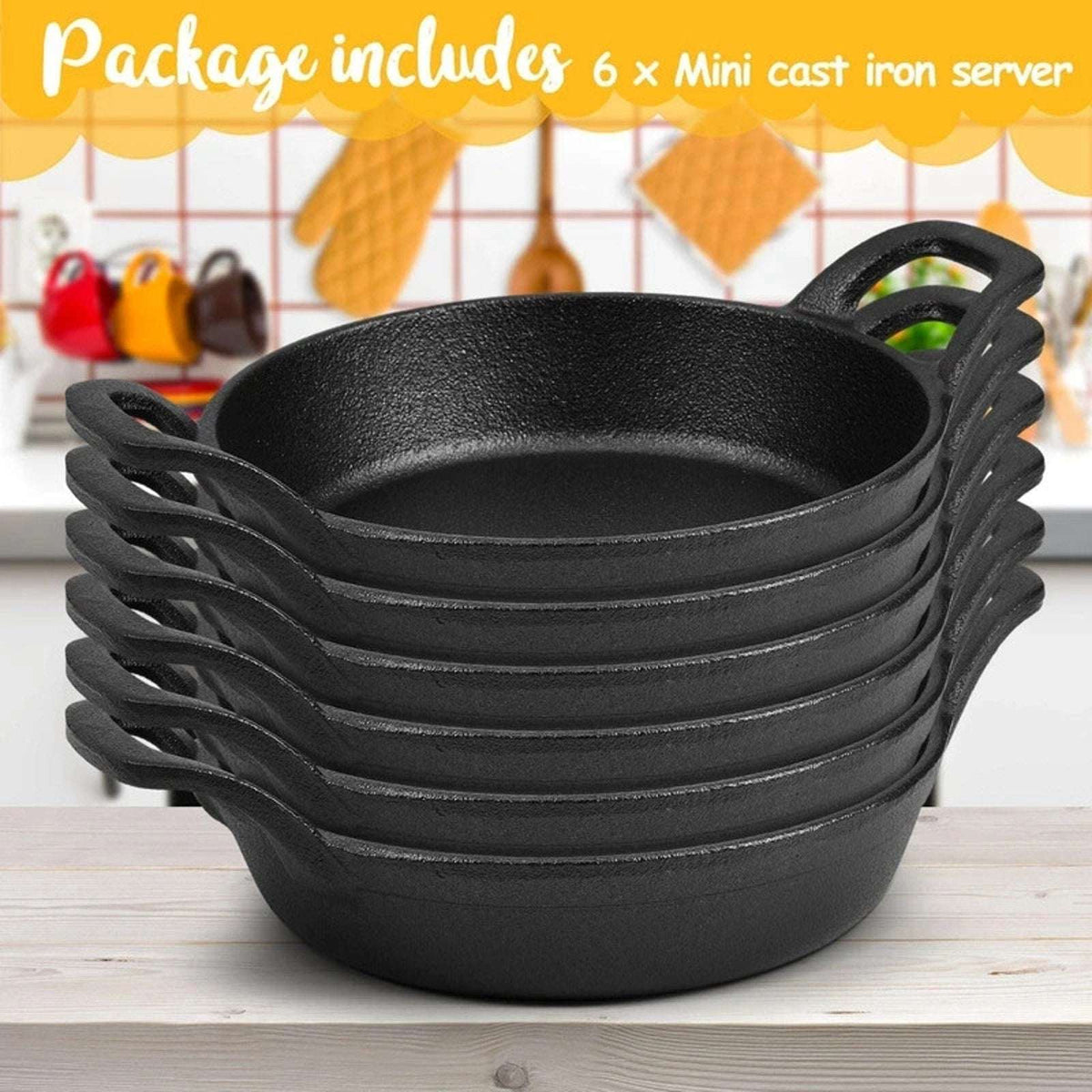 Set of 6 Mini Cast Iron Skillets Pans with Double Handles, 6.3 x 6.3 x 1.5 Inch