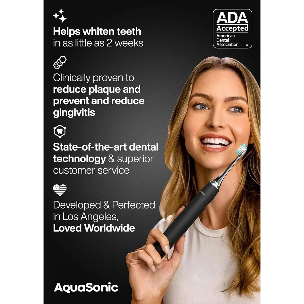 Aquasonic Black Series Electric Toothbrush Ultra Whitening + Case, 8 Heads ADA