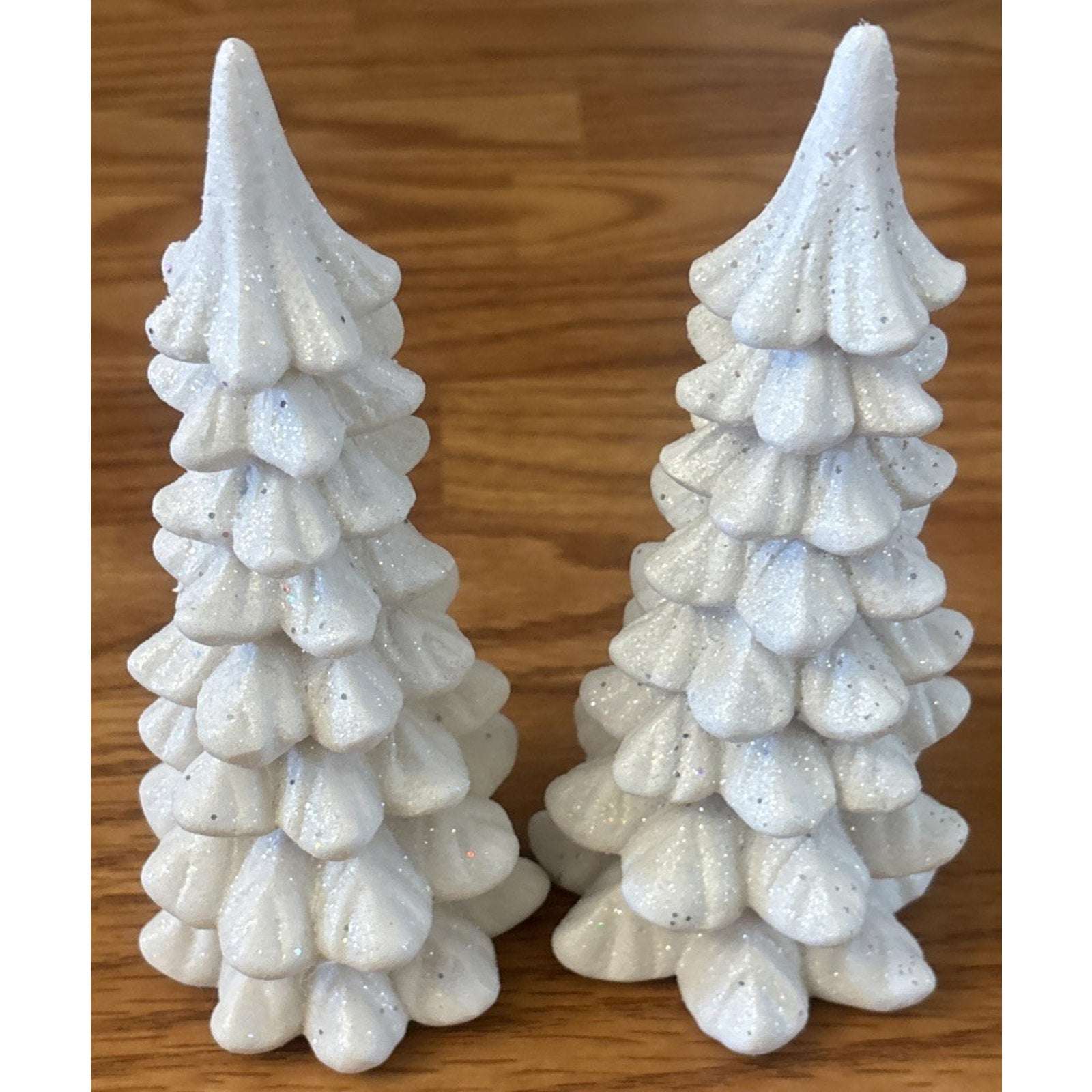 Resin Christmas Tree Figurines, 2 Piece Set Glitter Dusted Tabletop White/Silver
