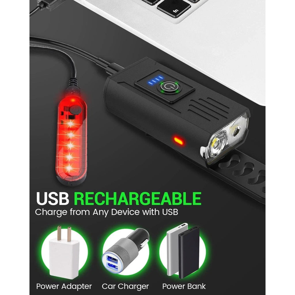 Front & Rear Bike Lights - Shockproof Waterproof 1500lm 6 Modes USB Rechargeable