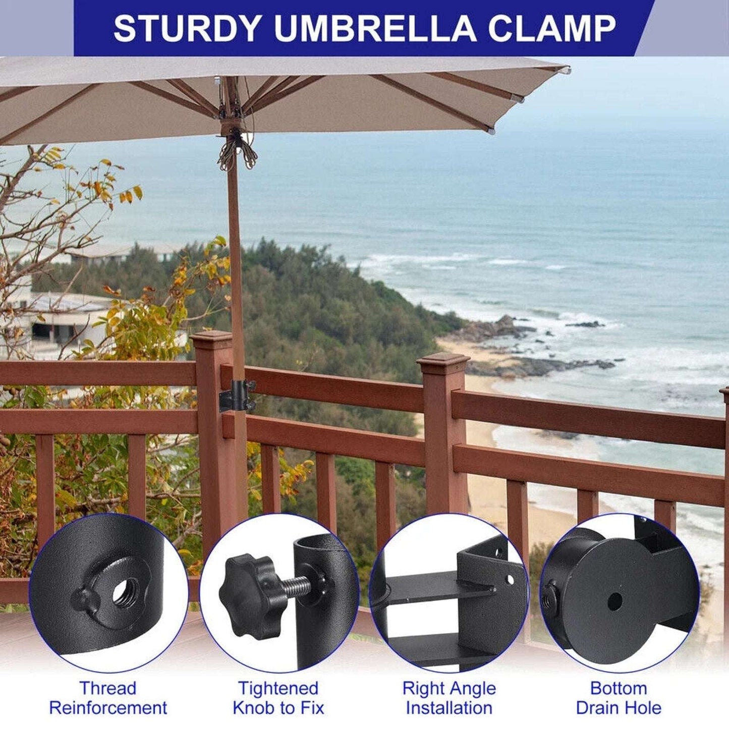 2Pc Steel Patio Umbrella Holder Corner Deck Mount Outdoor Umbrella Clamp Bracket