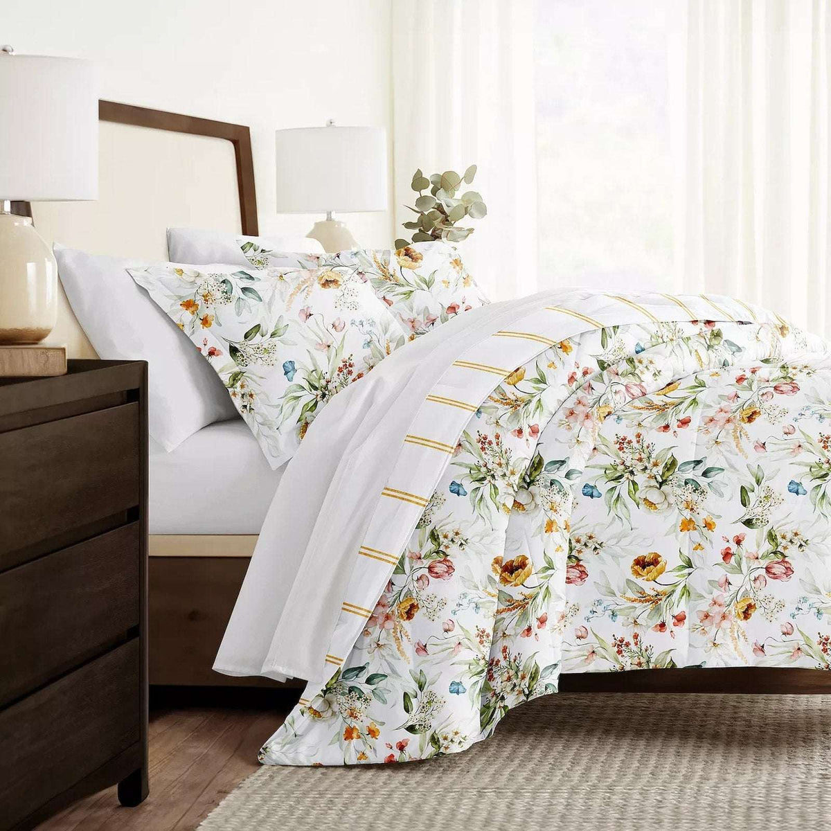 Chintz Floral Stripe Reversible All Season Down-Alternative Queen Comforter Set
