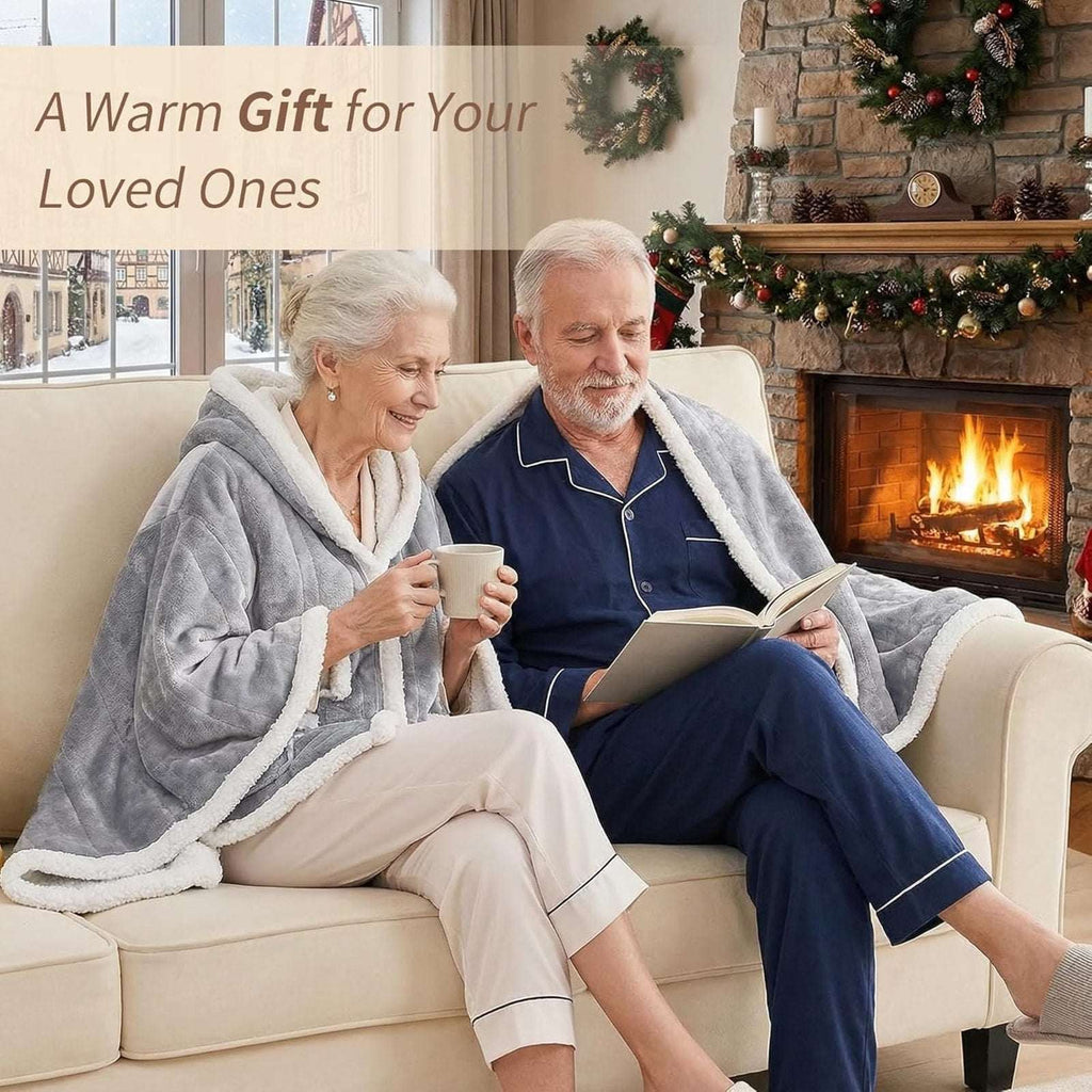 Wearable Sherpa & Velvet Heated Blanket with Hood & Pockets 6 Heat Levels, Timer