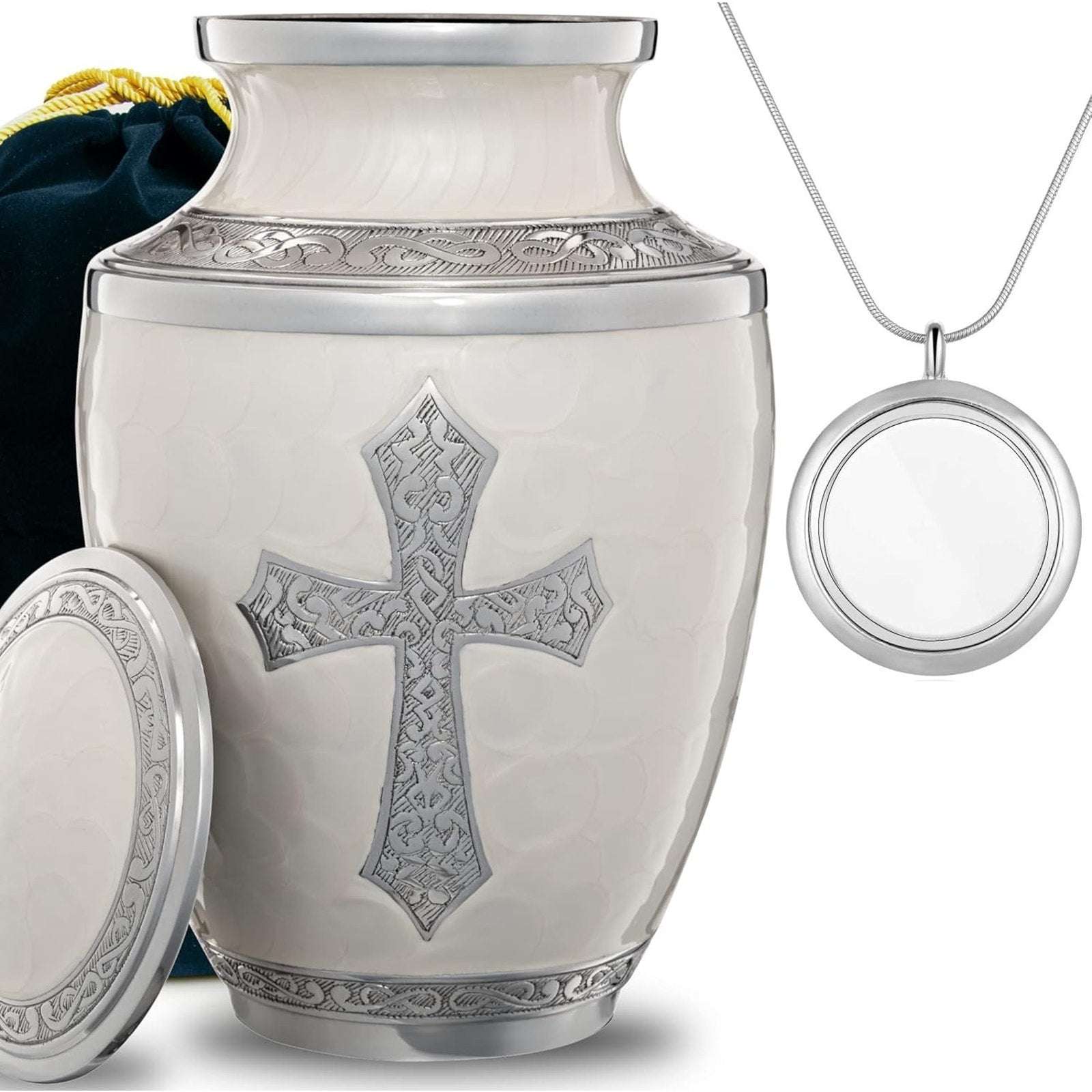 Olivia Memorials God's Love White Urn for Ashes Hand Engraved Cross Large 8x10