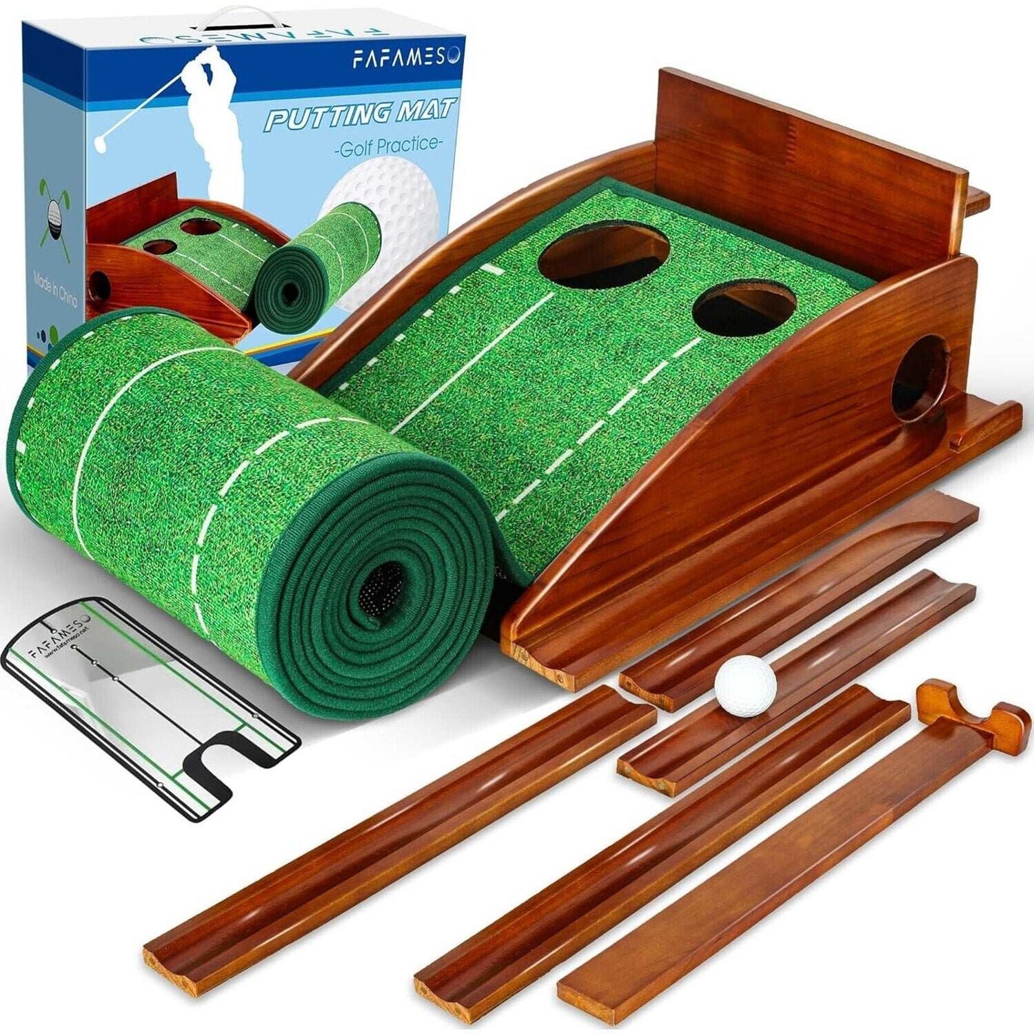 Indoor/Outdoor Wooden Golf Putting Green Mat Realistic Turf & Auto Ball Return