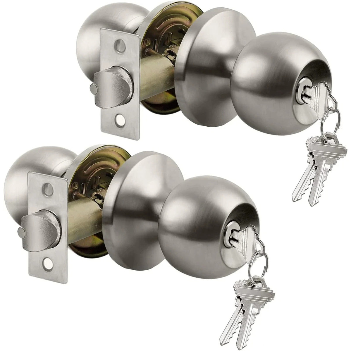2Pk BESTTEN Keyed Entry Door Knob w/ Lock Satin Nickel Round Interior & Exterior