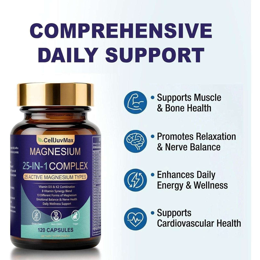 CellJuvMax Magnesium 25 in 1 Complex - 120 Capsules Energy Mood Muscle Support