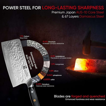 KENNISH Cleaver Knife 7" Meat Cleaver - Japanese AUS-10 Damascus Steel 60HRC