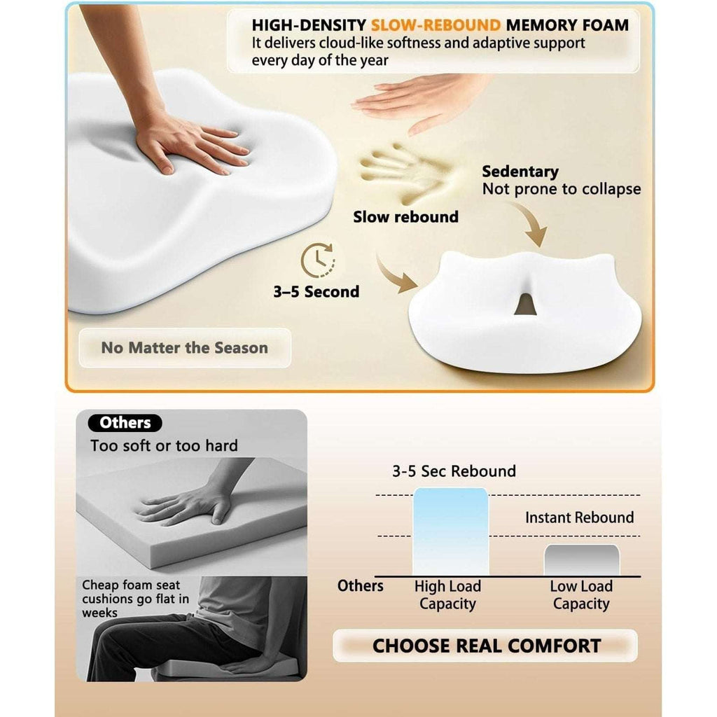 Ergonomic Memory Foam Back Support Pillow & Seat Cushion Lumbar to Coccyx Relief