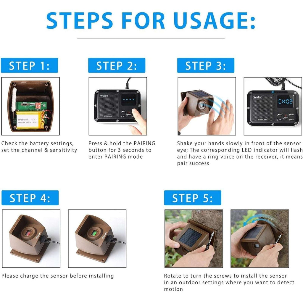 Wuloo 1800ft Solar Driveway Alarm Wireless Weatherproof Motion Sensor 1R/4Sensor