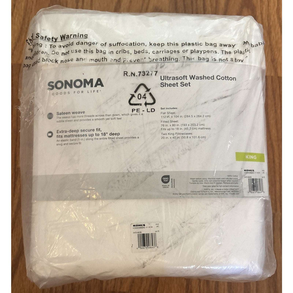Sonoma Goods For Life Ultrasoft Washed Cotton 4PC White King Size Sheet Set