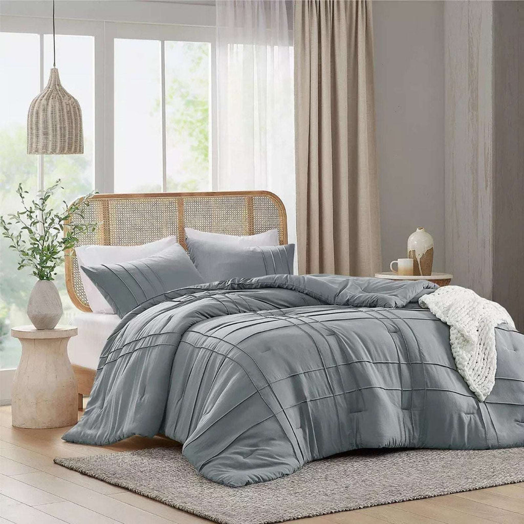 King Size 3PC PORTER Soft Washed Cotton Pinch Pleated Duvet Set Slate Gray/Blue