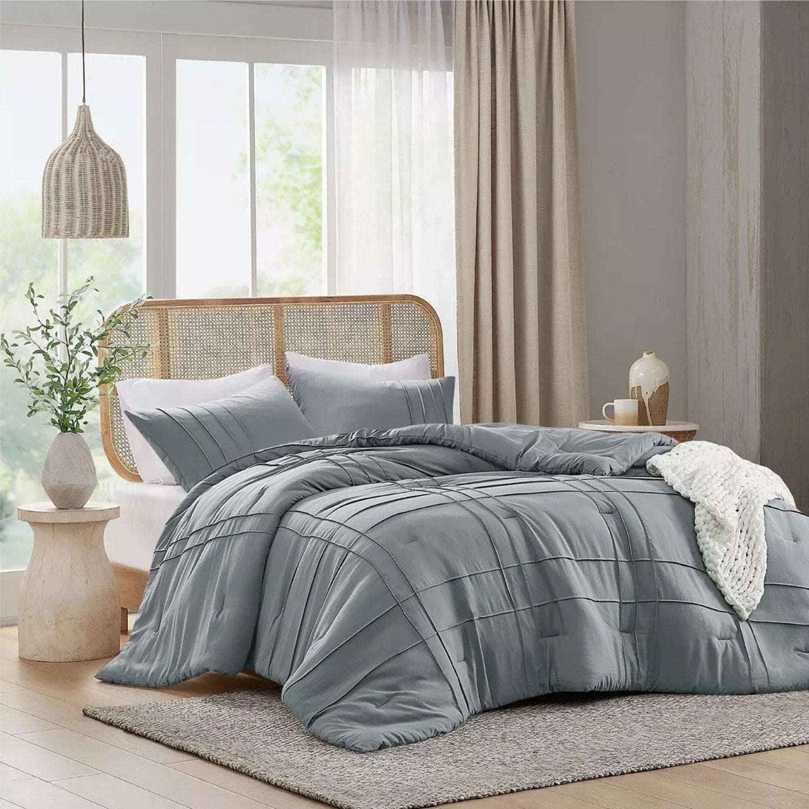 King Size 3PC PORTER Soft Washed Cotton Pinch Pleated Duvet Set Slate Gray/Blue