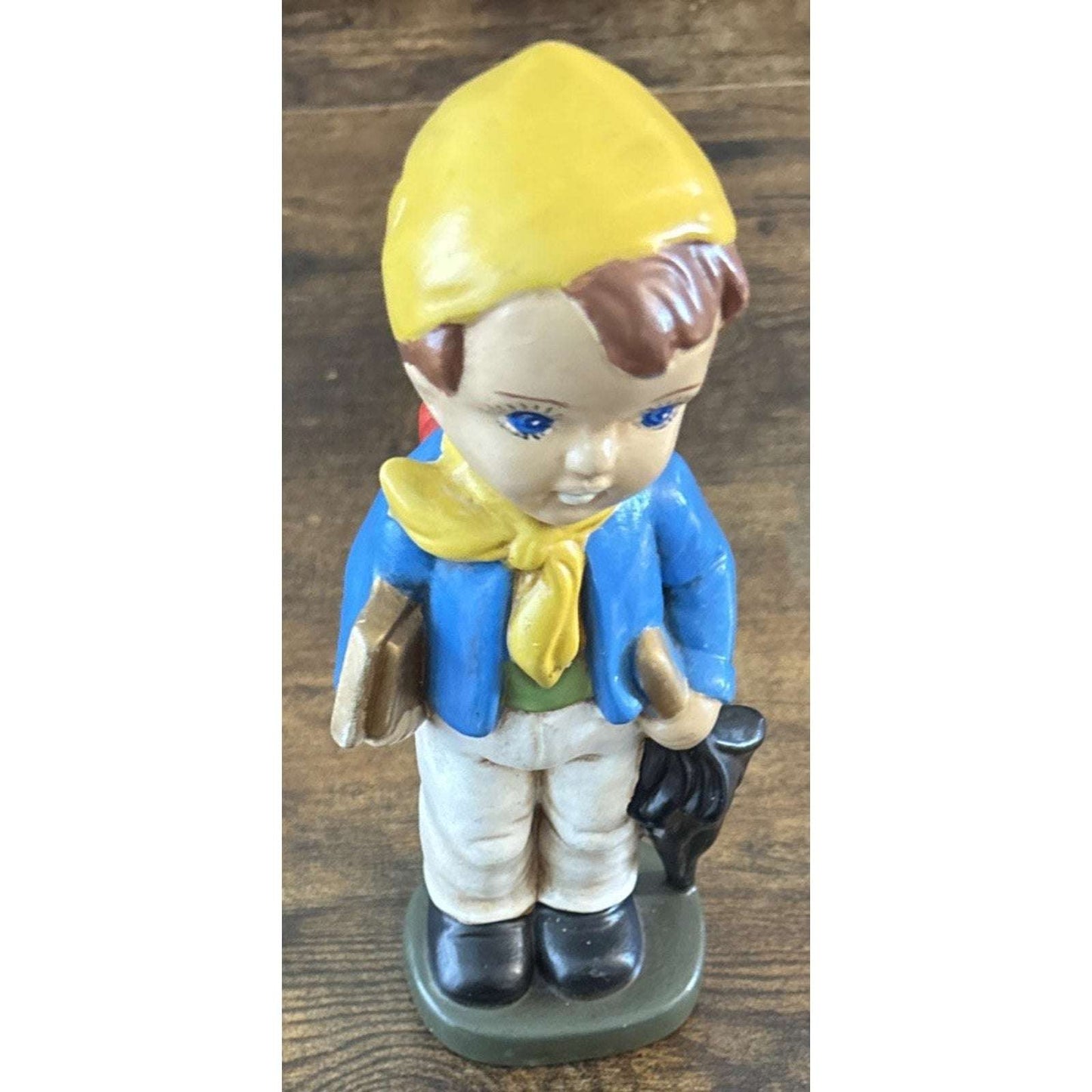 VTG Ceramic School Boy Figurine Books Umbrella Red Backpack Blue Coat Yellow Hat