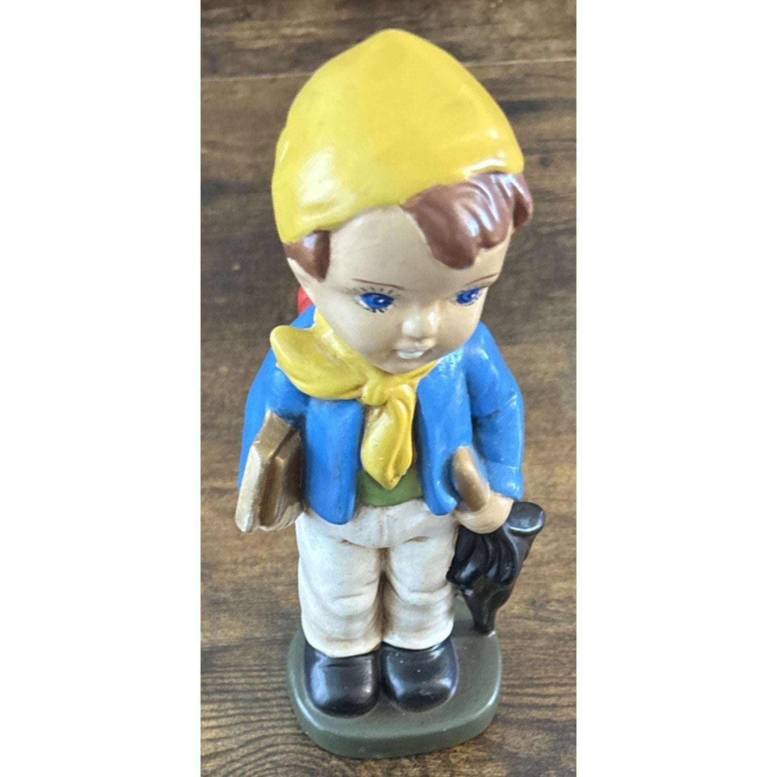 VTG Ceramic School Boy Figurine Books Umbrella Red Backpack Blue Coat Yellow Hat