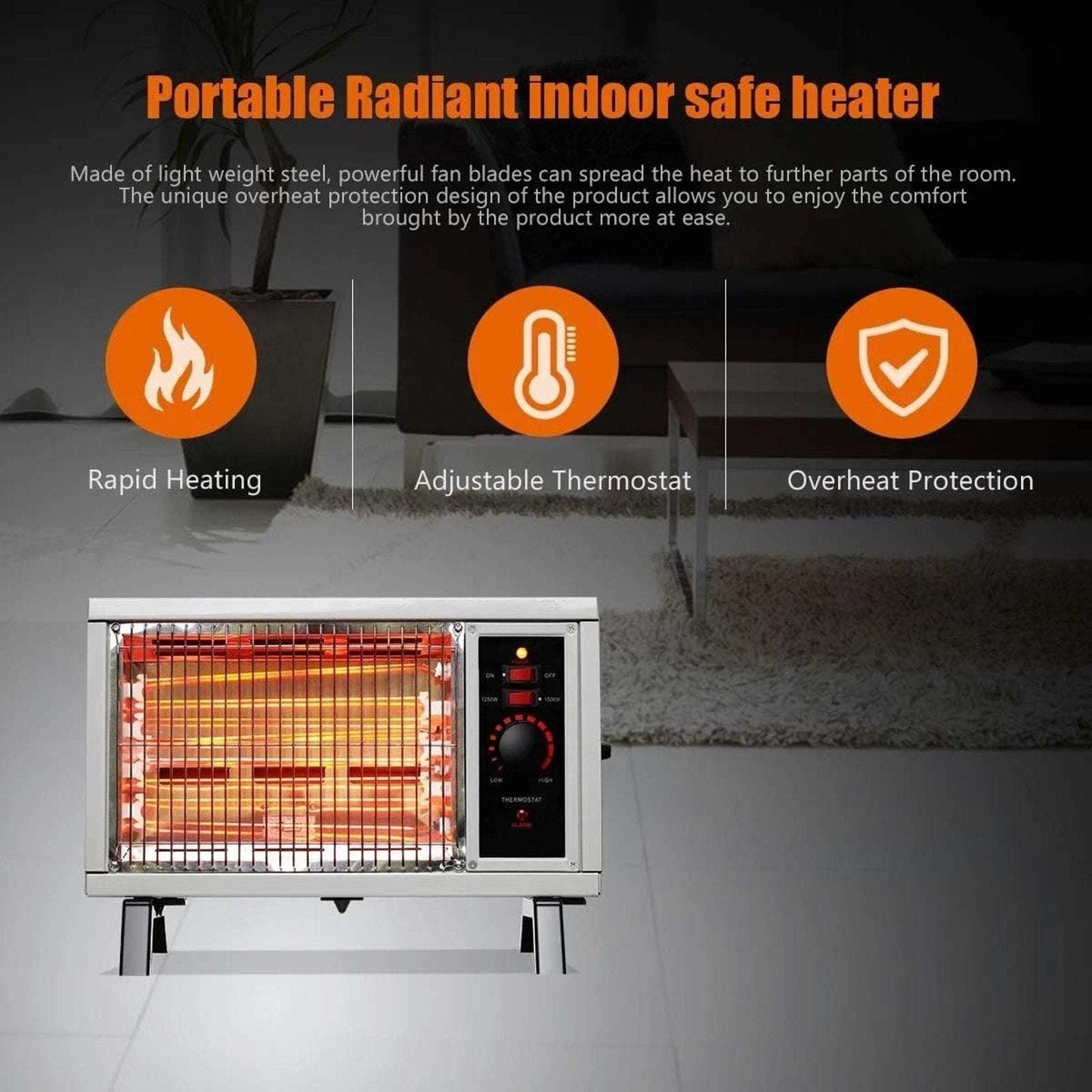 ETL Portable Fast Radiant Heater RH02 1500/1250W Tip-Over Cutoff Overheat Protec