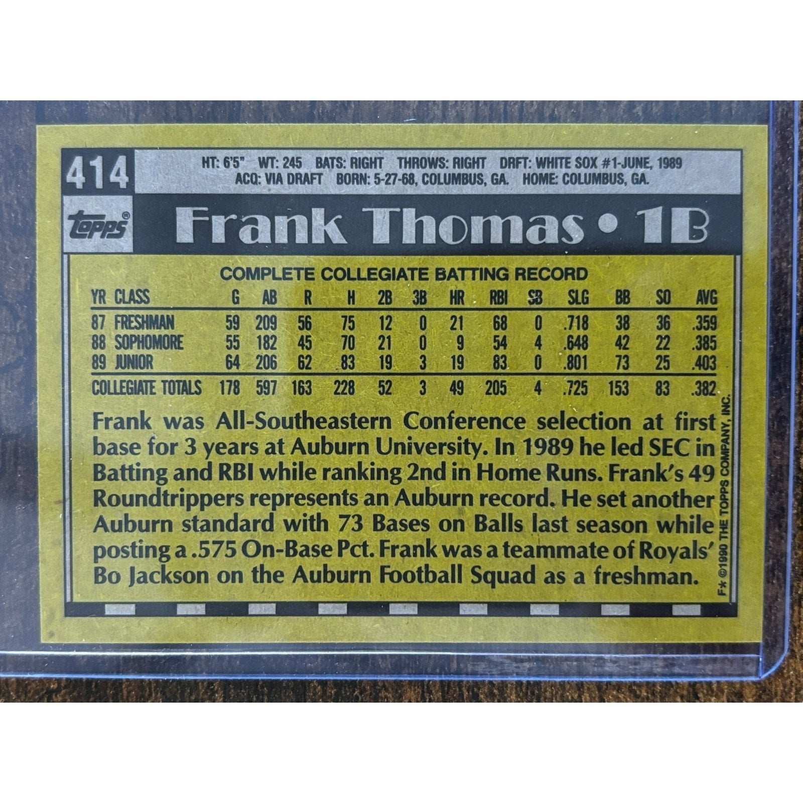 1990 Topps Frank Thomas #414 Chicago Whites Sox Rookie Card Error Card
