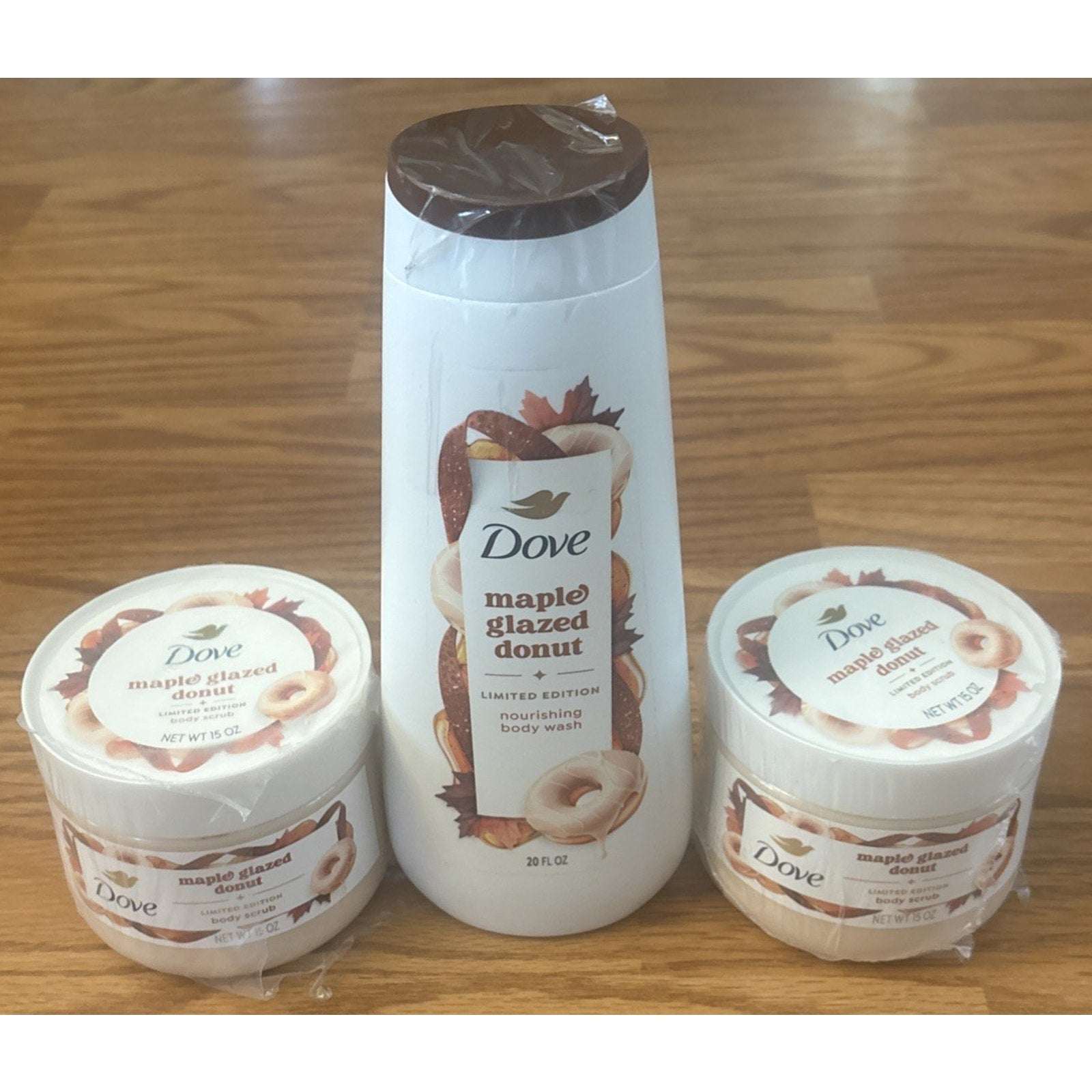 3PC Dove Limited Edition Maple Glazed Donut 1 x Body Wash & 2 x Body Scrub Set