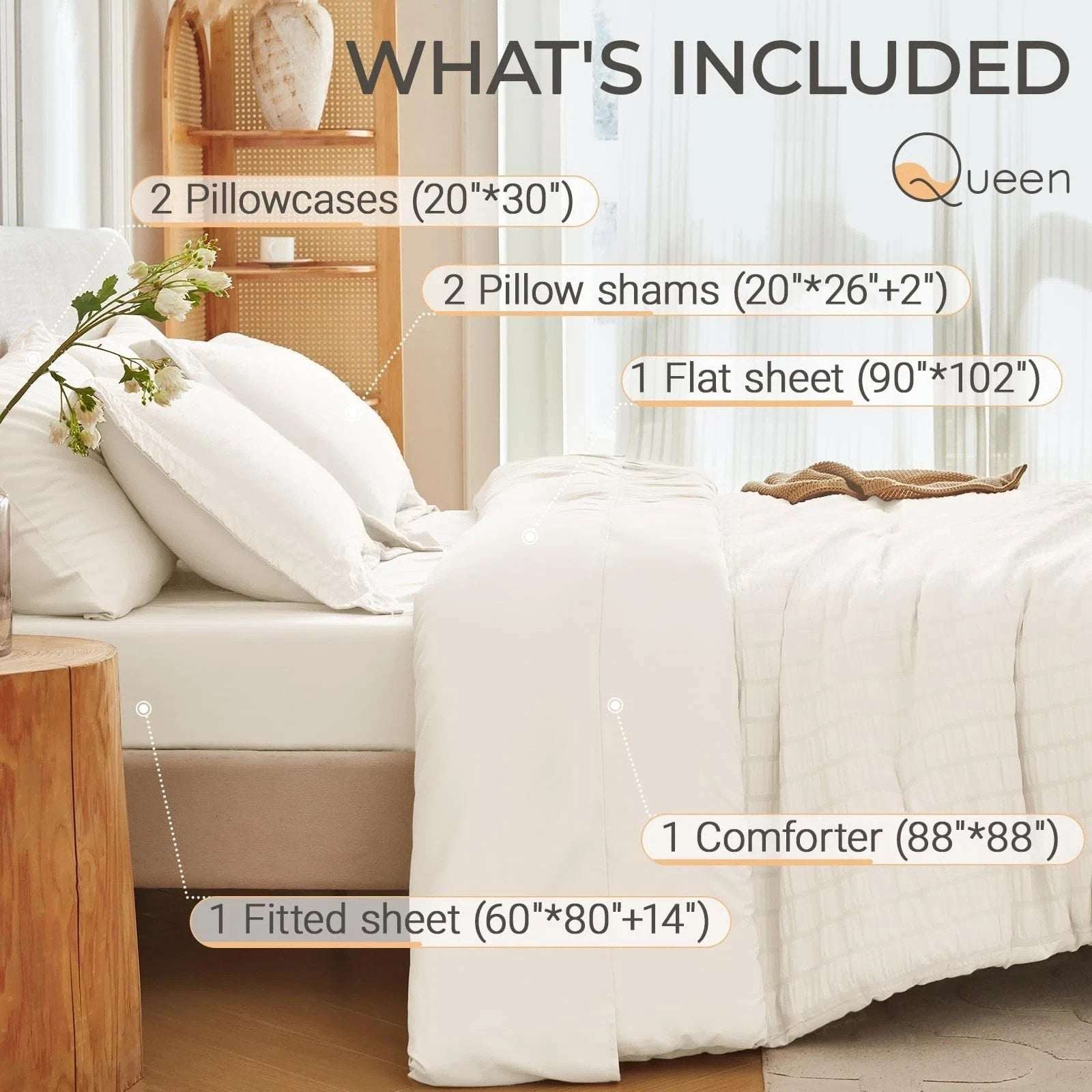 MUXHOMO 7PC Ivory Seersucker Queen Size Comforter & Sheet Set, Bed in a Bag