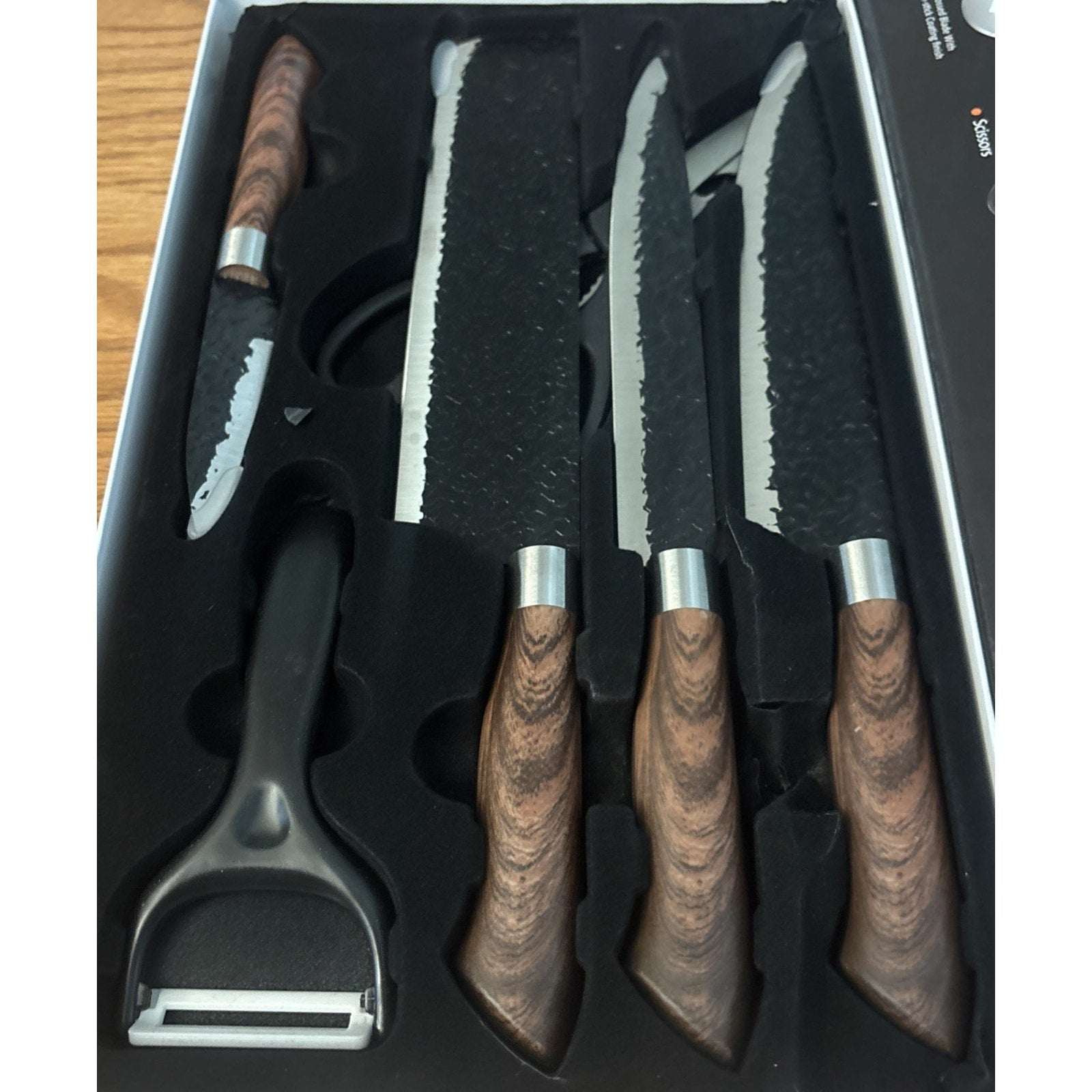6PC Knife Set Embossed Non-Stick Blade w Wood Grain Handle Cleaver Chef Carving+