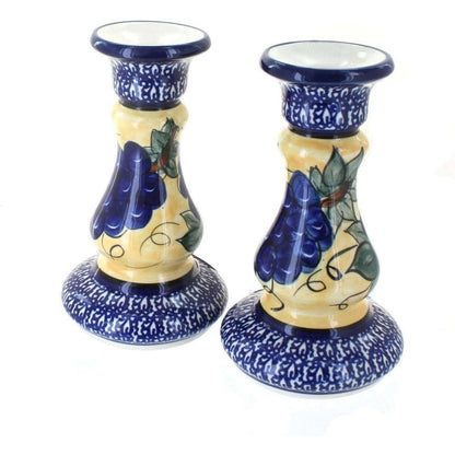 Blue Rose Polish Pottery Boleslawiec 7" Candlestick Pair Blue White Grapes