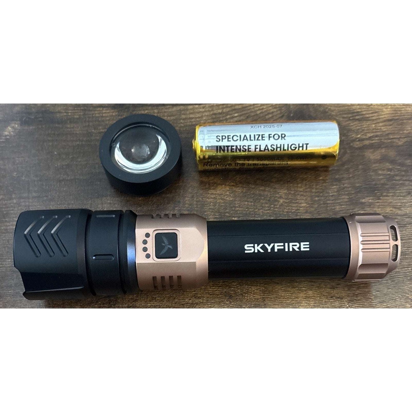 SKYFIRE LED Flashlight 2000lm Rechargeable Zoom Waterproof w/ FIRE STARTER Lens