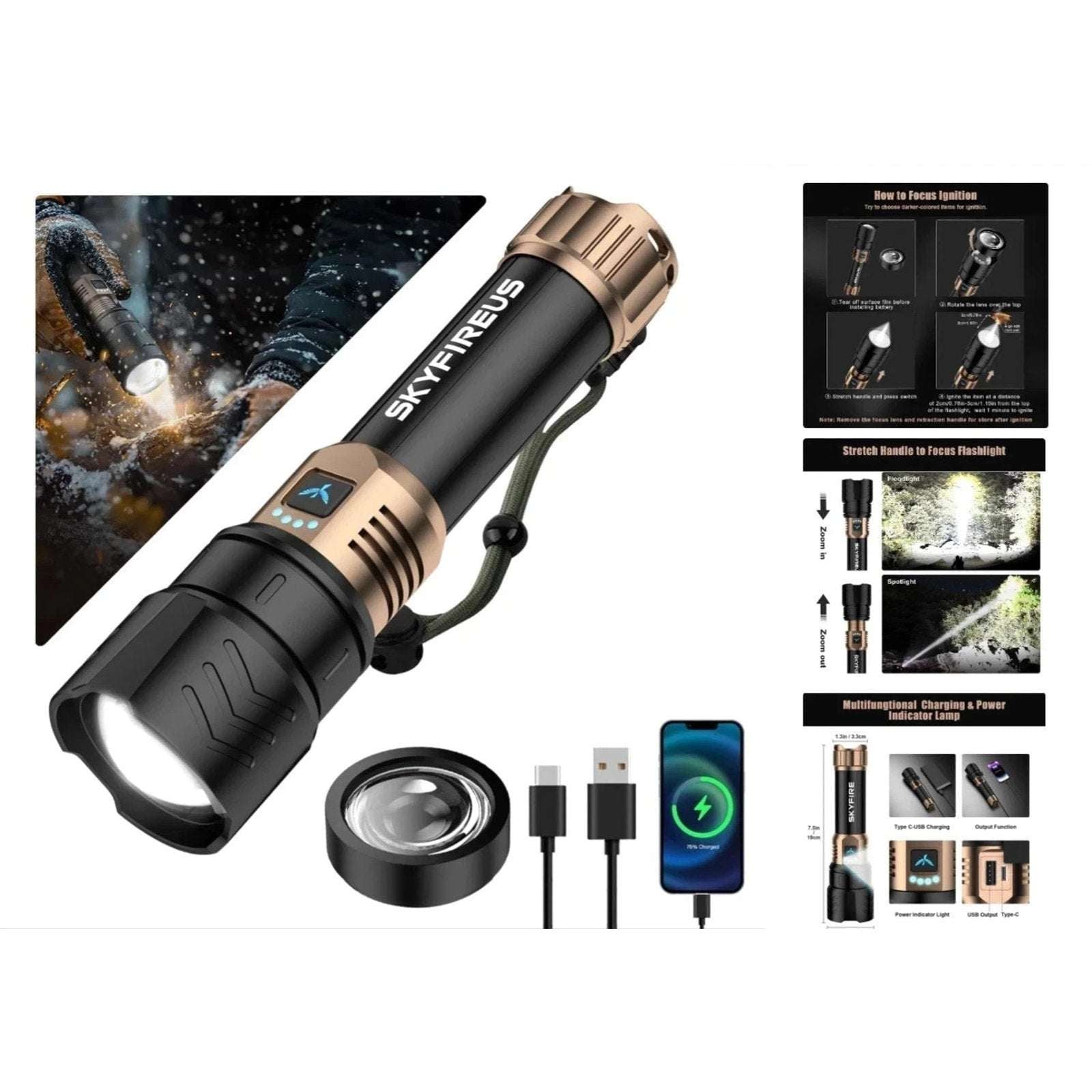 SKYFIRE LED Flashlight 2000lm Rechargeable Zoom Waterproof w/ FIRE STARTER Lens