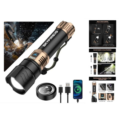 SKYFIRE LED Flashlight 2000lm Rechargeable Zoom Waterproof w/ FIRE STARTER Lens