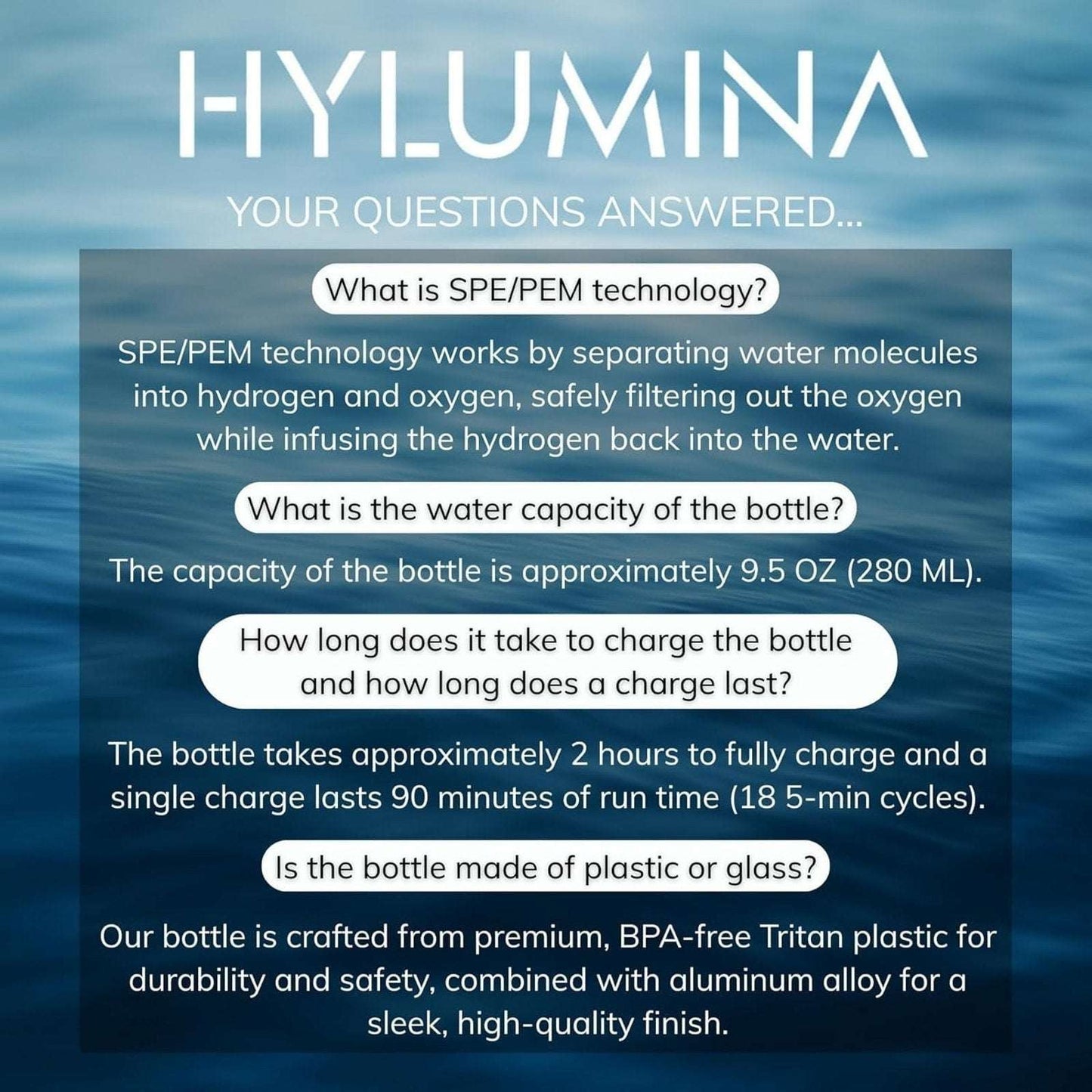 Hylumina Hydrogen Water Bottle Generator 6400PPB SPE/PEM 9.5floz Portable USB-C