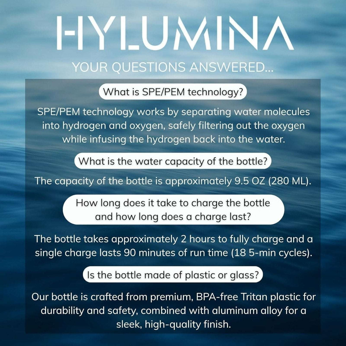 Hylumina Hydrogen Water Bottle Generator 6400PPB SPE/PEM 9.5floz Portable USB-C