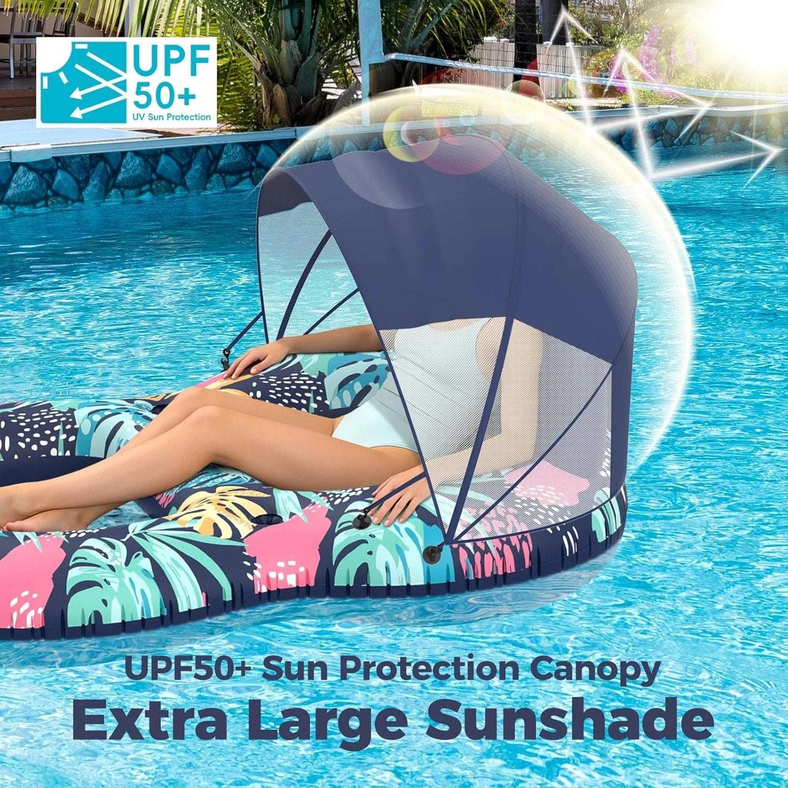 Pool Float w/ Canopy Inflatable Adult 60"x43" Lounger Raft w/ UPF 50+ Sunshade