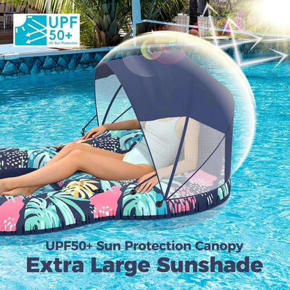 Pool Float w/ Canopy Inflatable Adult 60"x43" Lounger Raft w/ UPF 50+ Sunshade