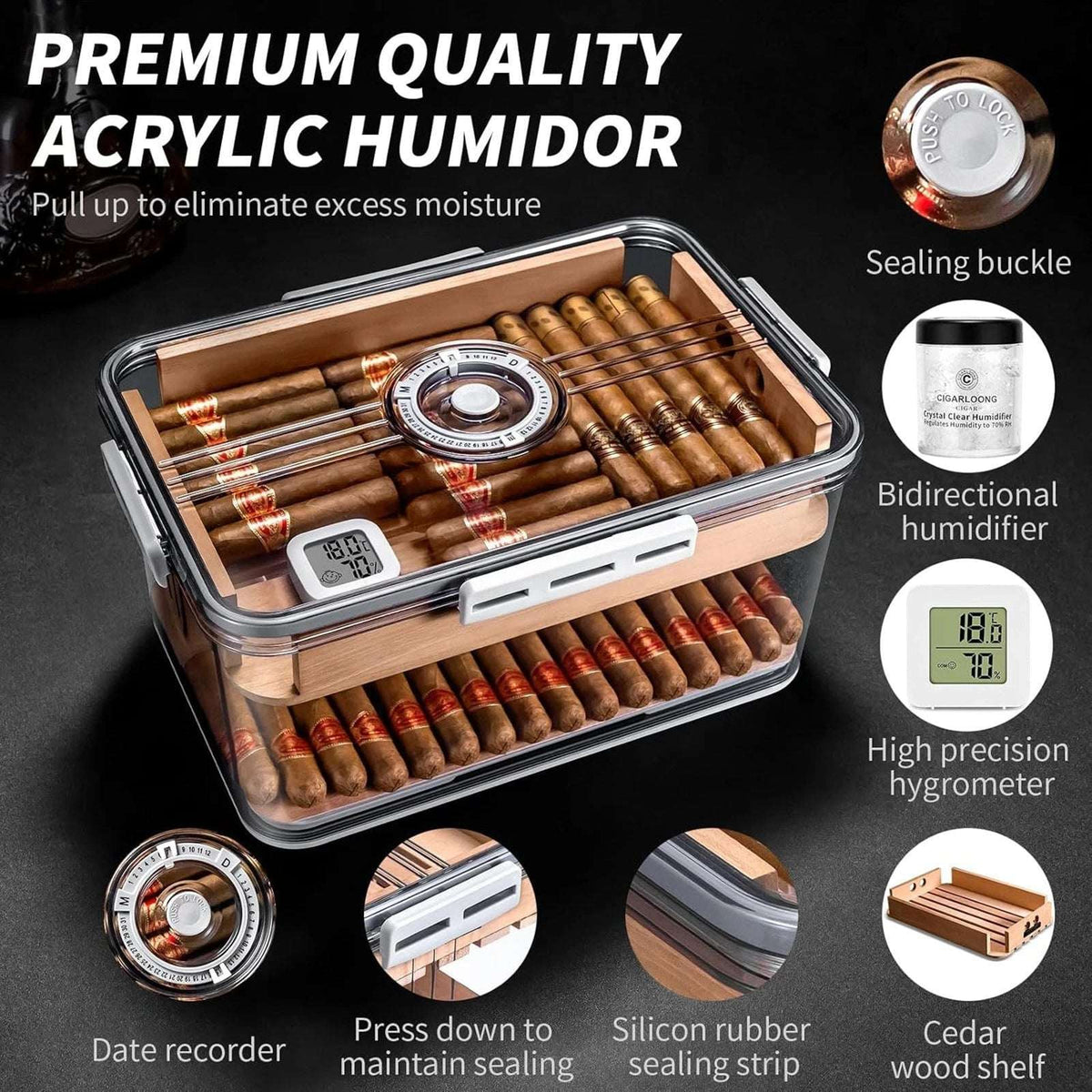100 Cigar Humidor Clear Acrylic Spanish Cedar Shelf Age Dial Digital Hygrometer