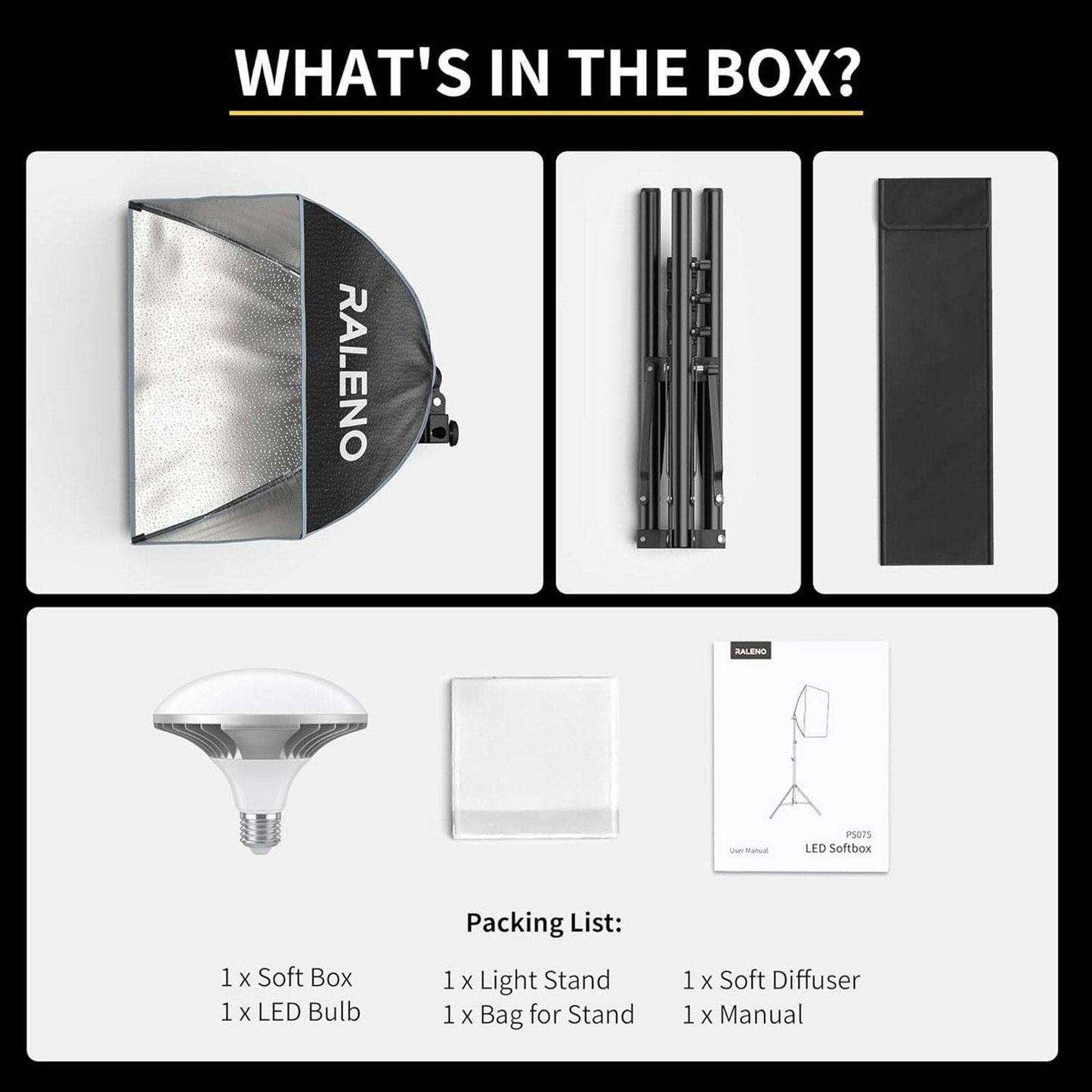 RALENO Softbox Lighting Kit 16x16" Photography Studio Equipment 50W/5500K PS075