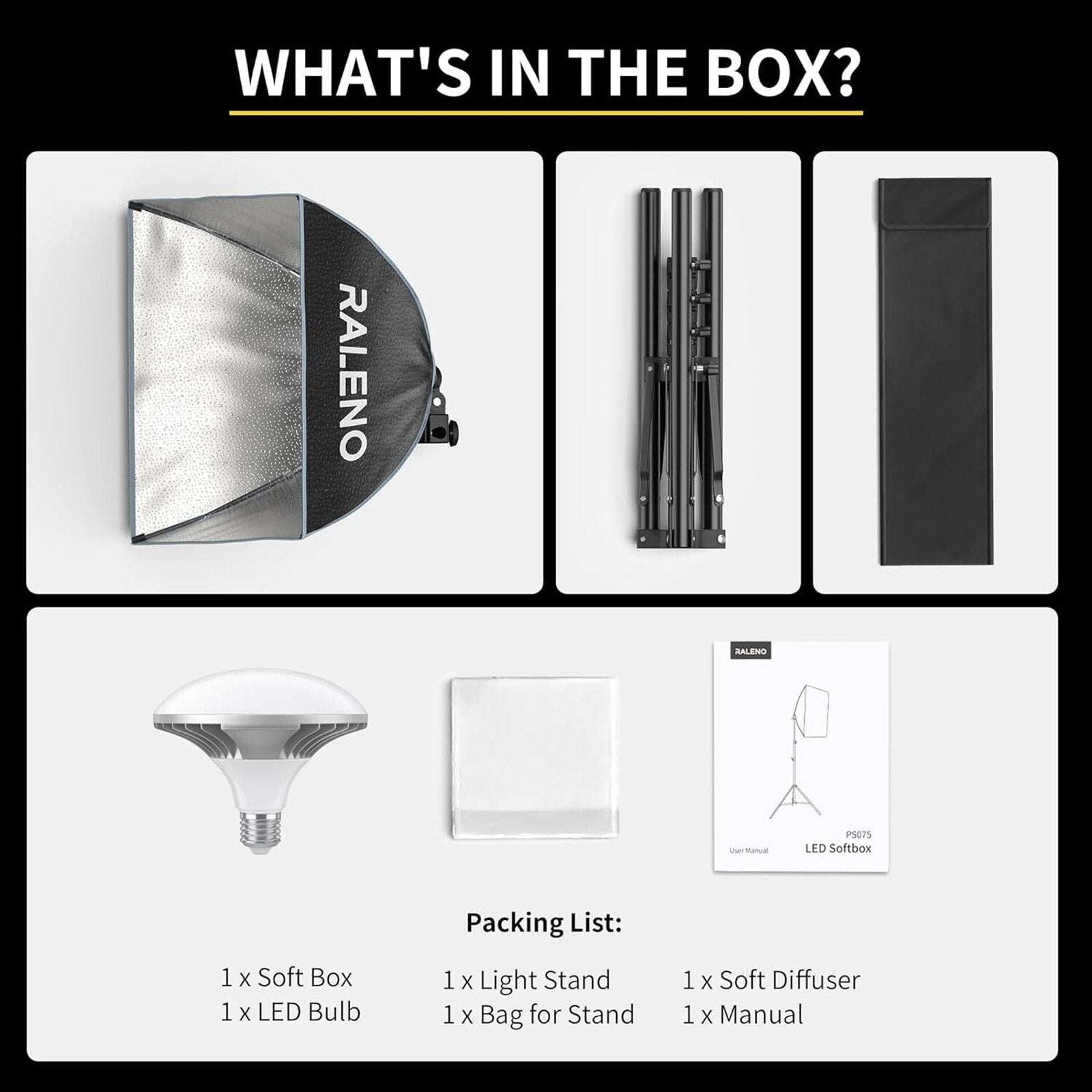 RALENO Softbox Lighting Kit 16x16" Photography Studio Equipment 50W/5500K PS075