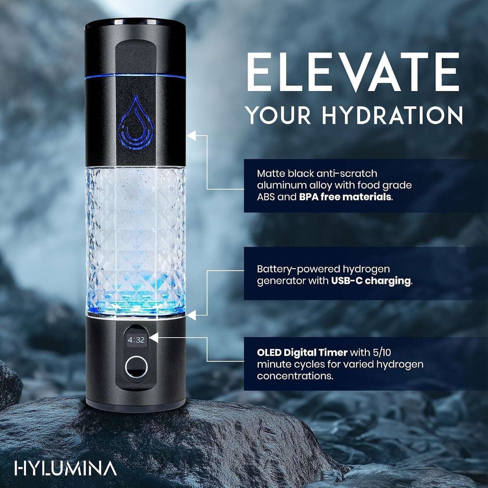 Hylumina Hydrogen Water Bottle Generator 6400PPB SPE/PEM 9.5floz Portable USB-C