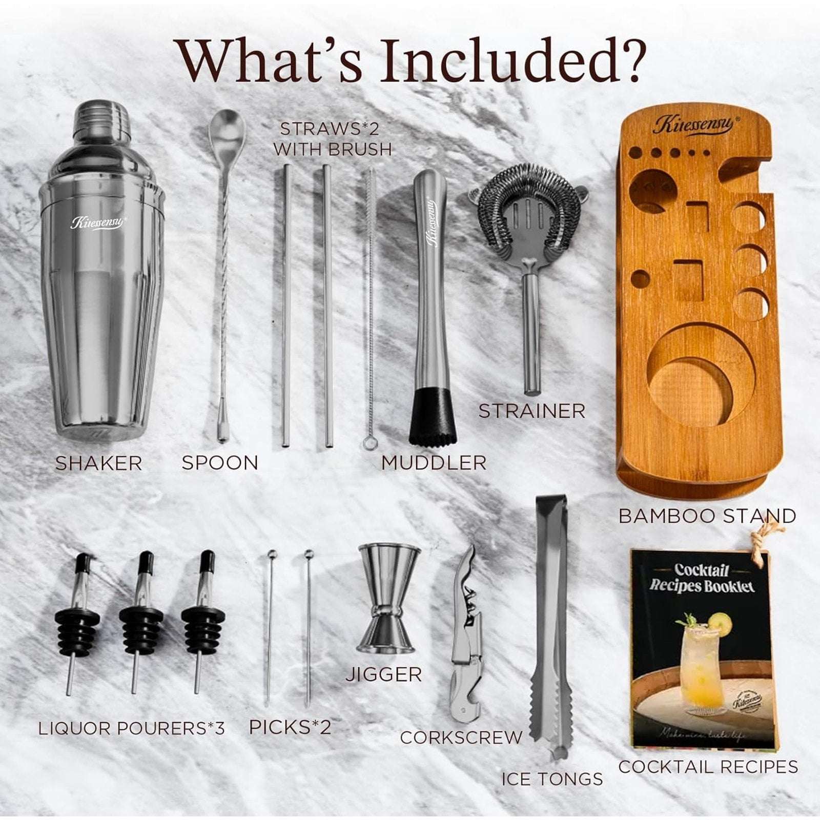 Black Stainless Steel Cocktail Shaker Set Home Bar Bartender Kit w/ Bamboo Stand