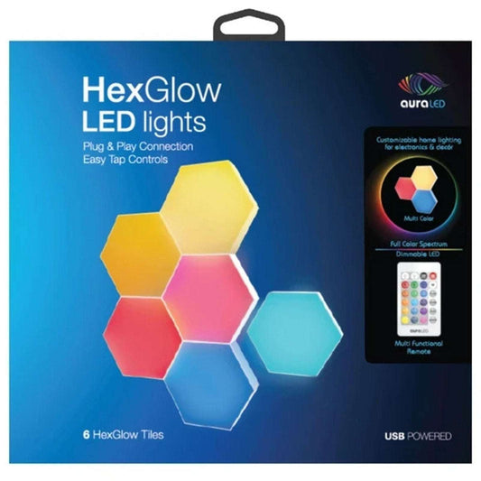 AuraLED HexGlow LED Lights 6 Customizable & Dimmable Tiles w/ Remote & Touch