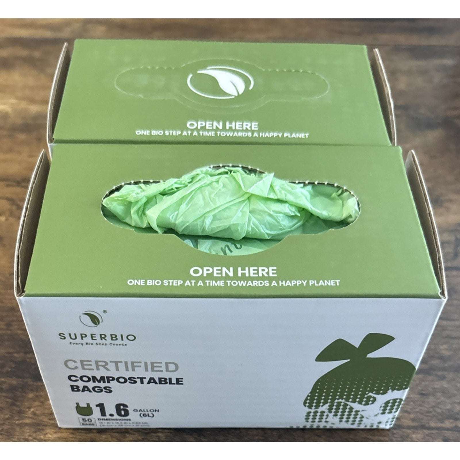 100Pk SUPERBIO 1.6 Gallon Handle Tie Compostable Food Scrap Bags Counter Top Bin