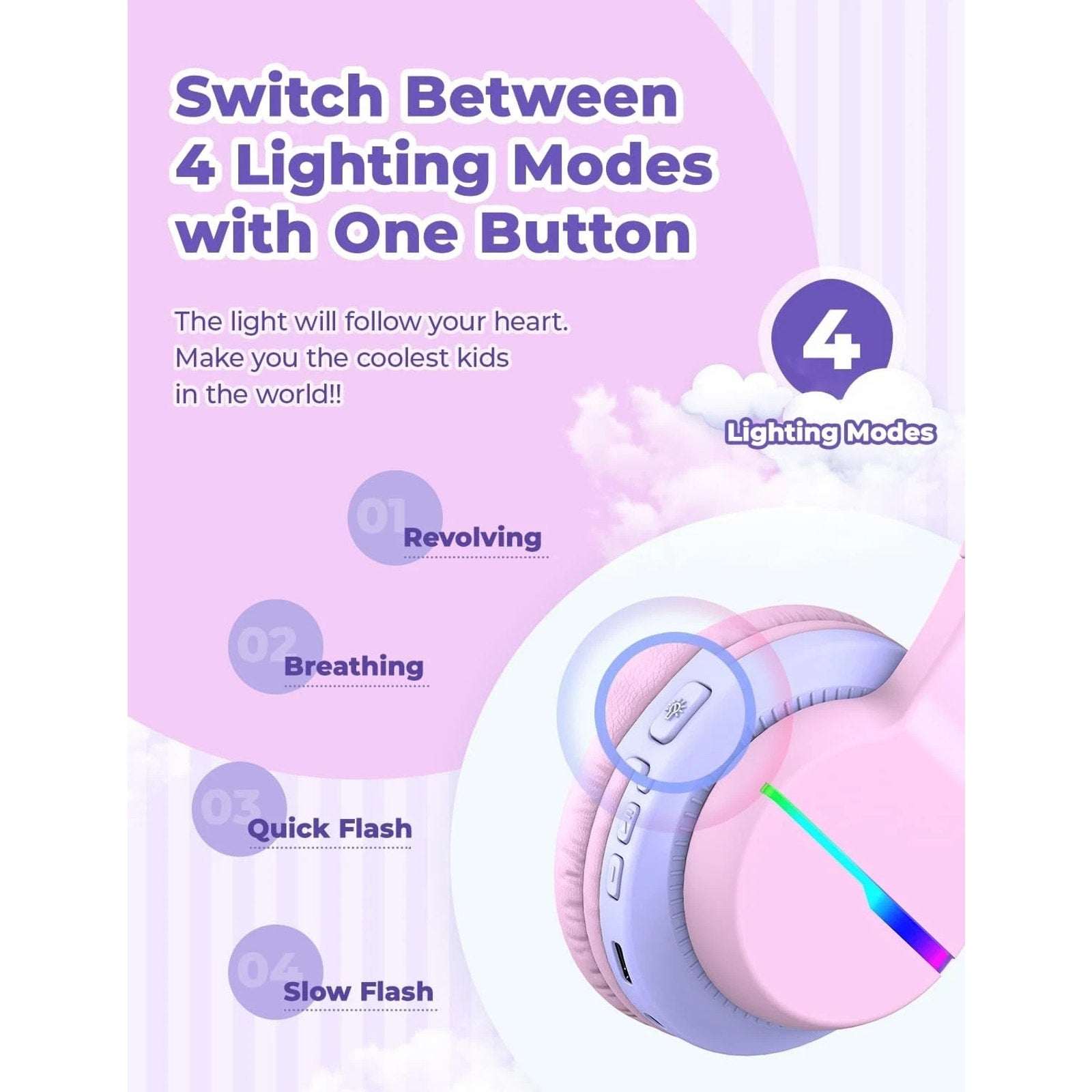 iClever BTH12 Kids Bluetooth Headphones Colorful LED Lights Wireless w/ Mic Pink
