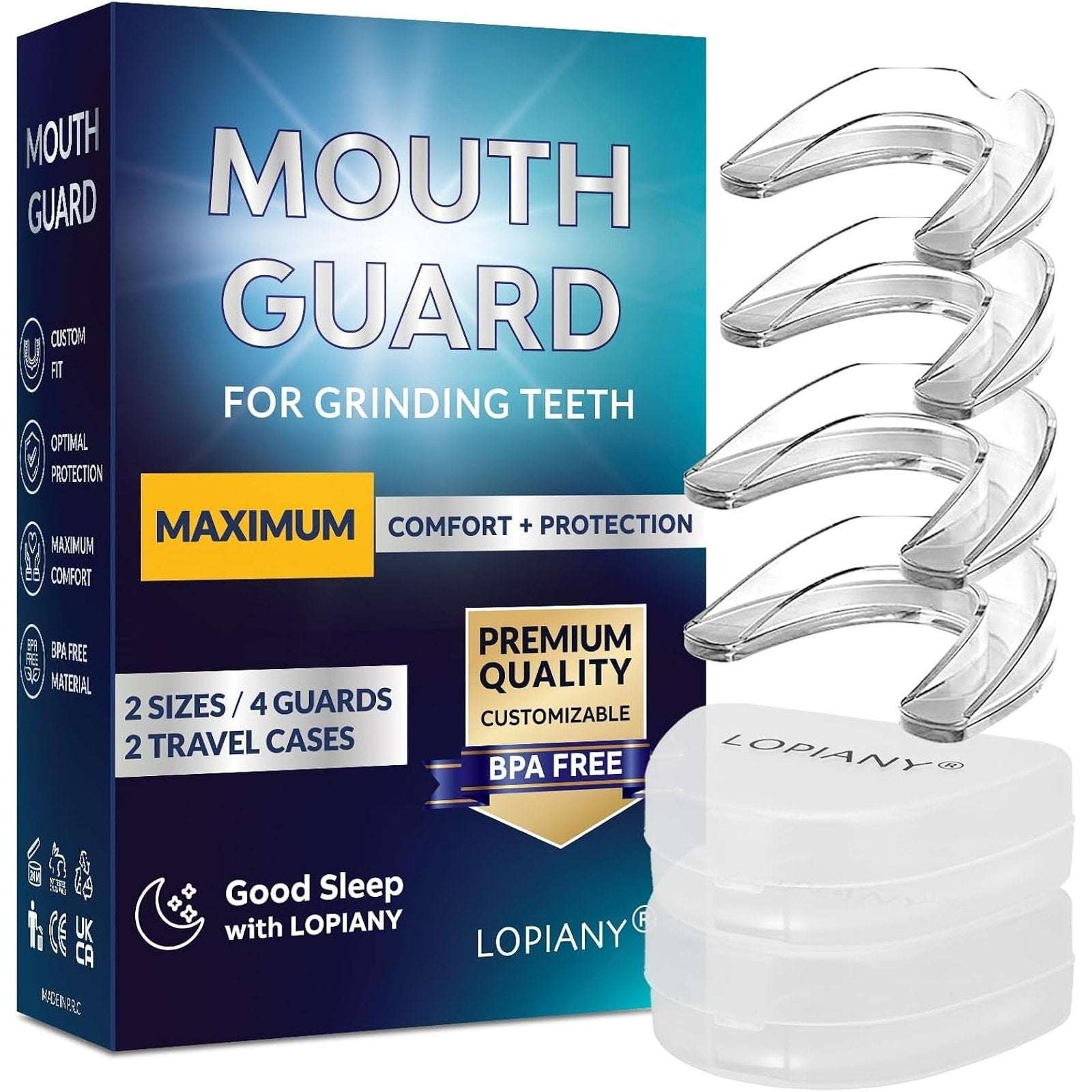 Lopiany Mouth Guards for Grinding Teeth Max Comfort 2 Sizes, 4 Guards & 2 Cases