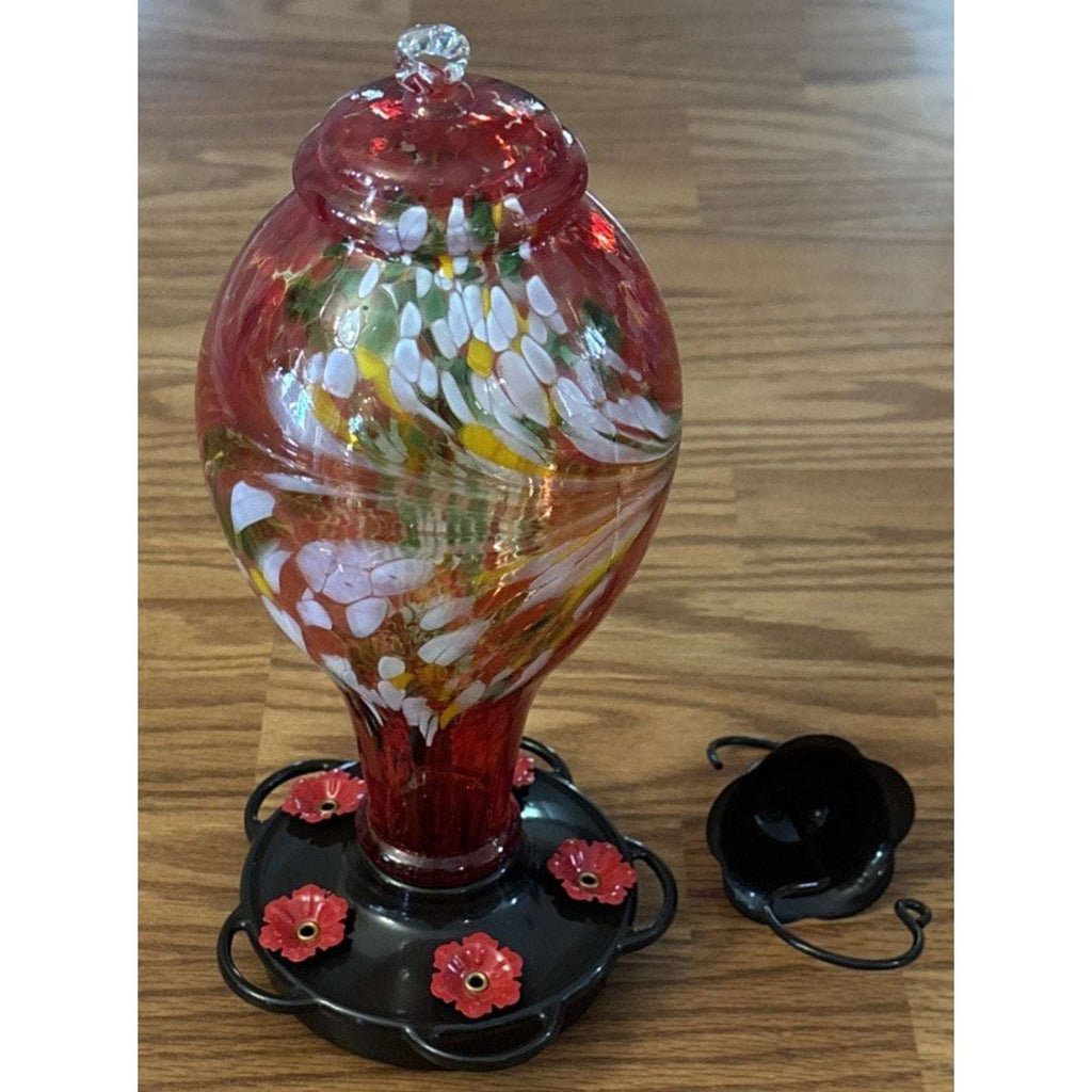36OZ Hand Blown Glass Hanging Hummingbird Feeder with 5 Flower Feeding Stations