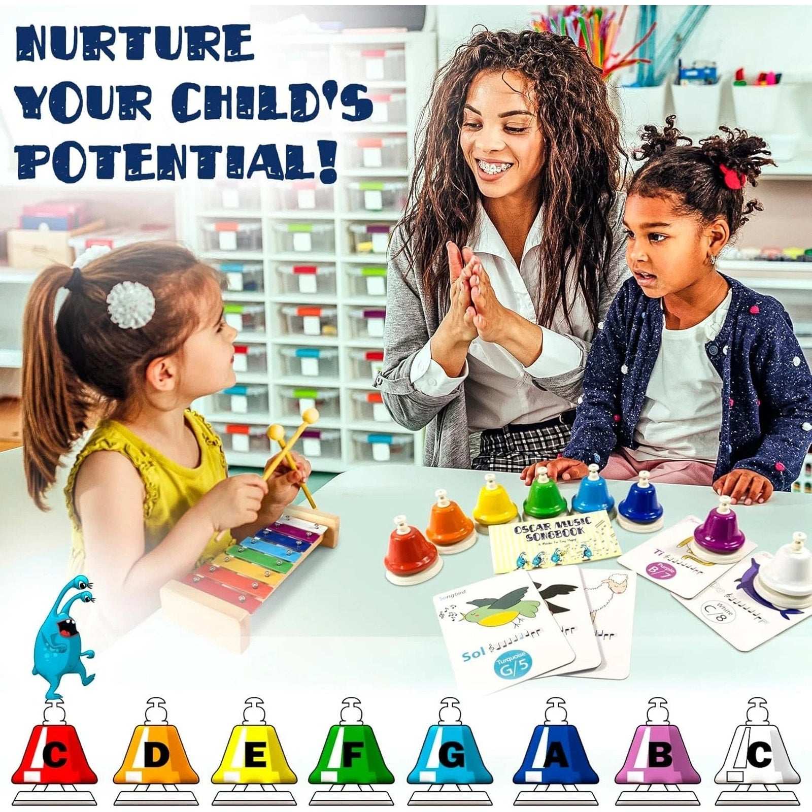 MINIARTIS Desk Bells for Kids Educational Music Learning Toys + Song Book & Bag