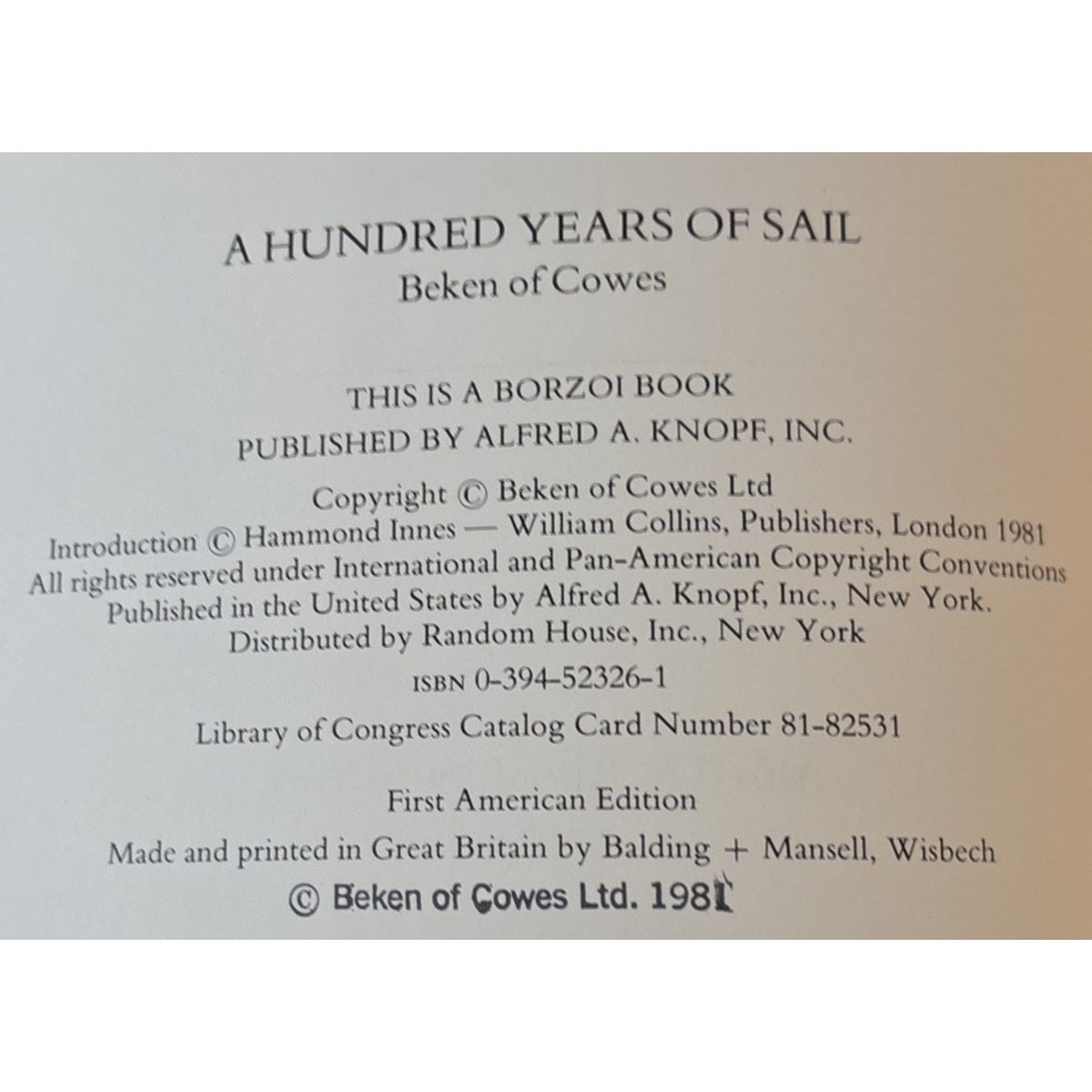 Beken of Cowes A Hundred Years of Sail First American Edition 1981 HC / DJ