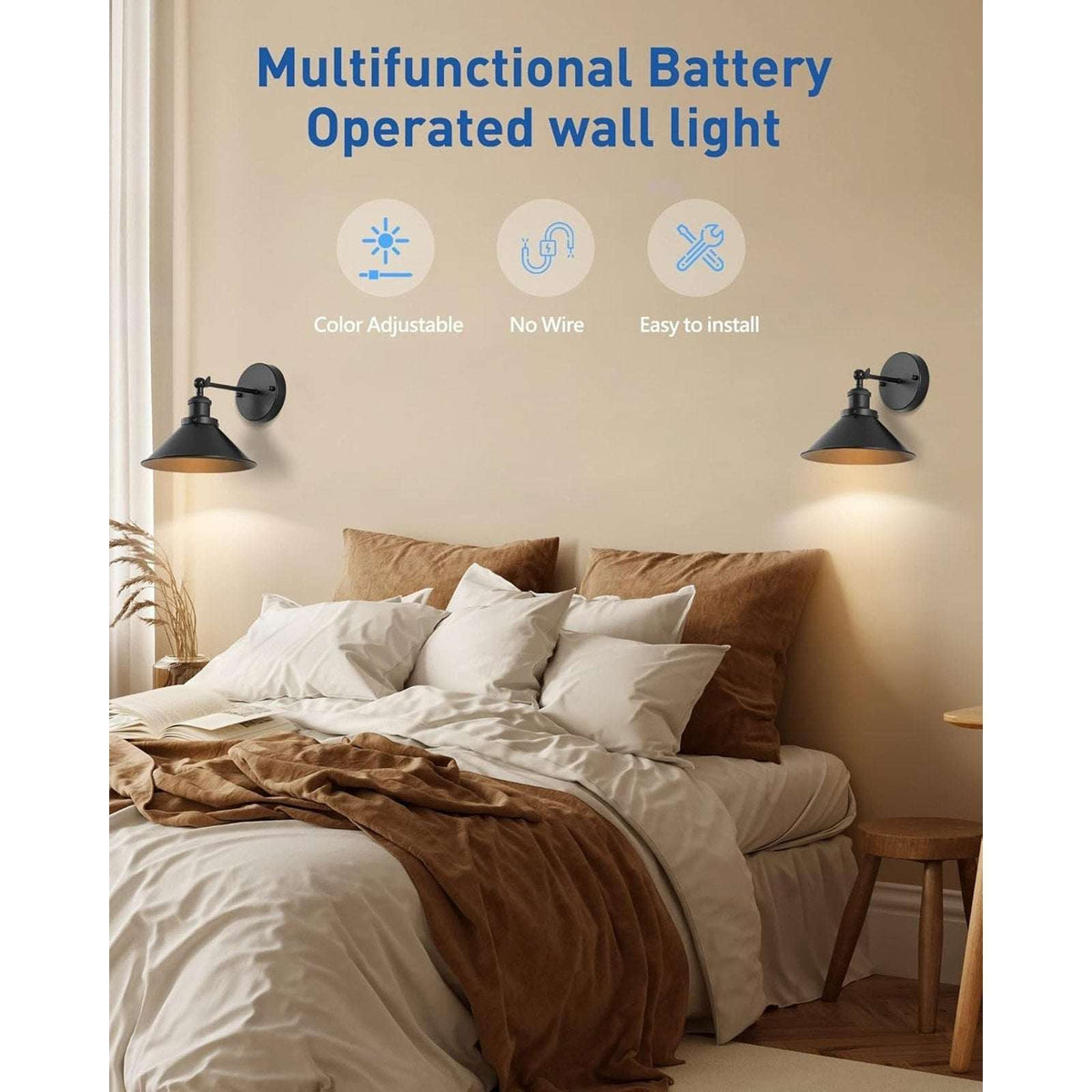 2Pk Black Rustic Wireless Battery Operated Wall Sconces Light Fixtures w/ Remote
